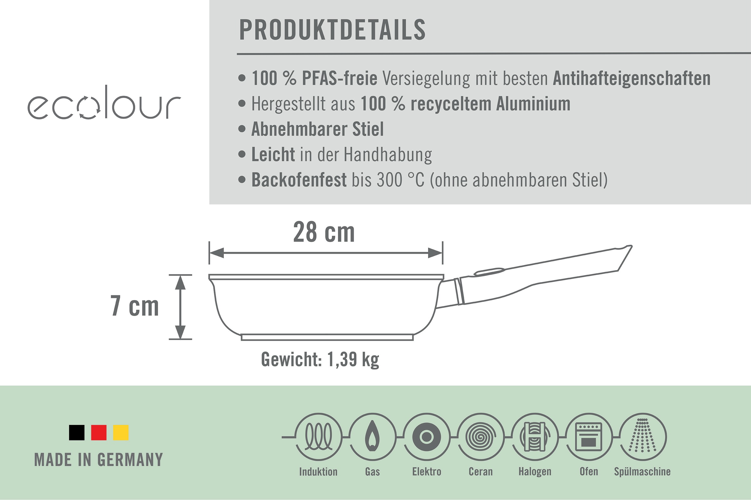 WOLL MADE IN GERMANY Bratpfanne »Ecolour, Hochrandpfanne Ø 28 cm inkl. Deckel« Aluminiumguss Set, 2 tlg. abnehmbarer Stiel
