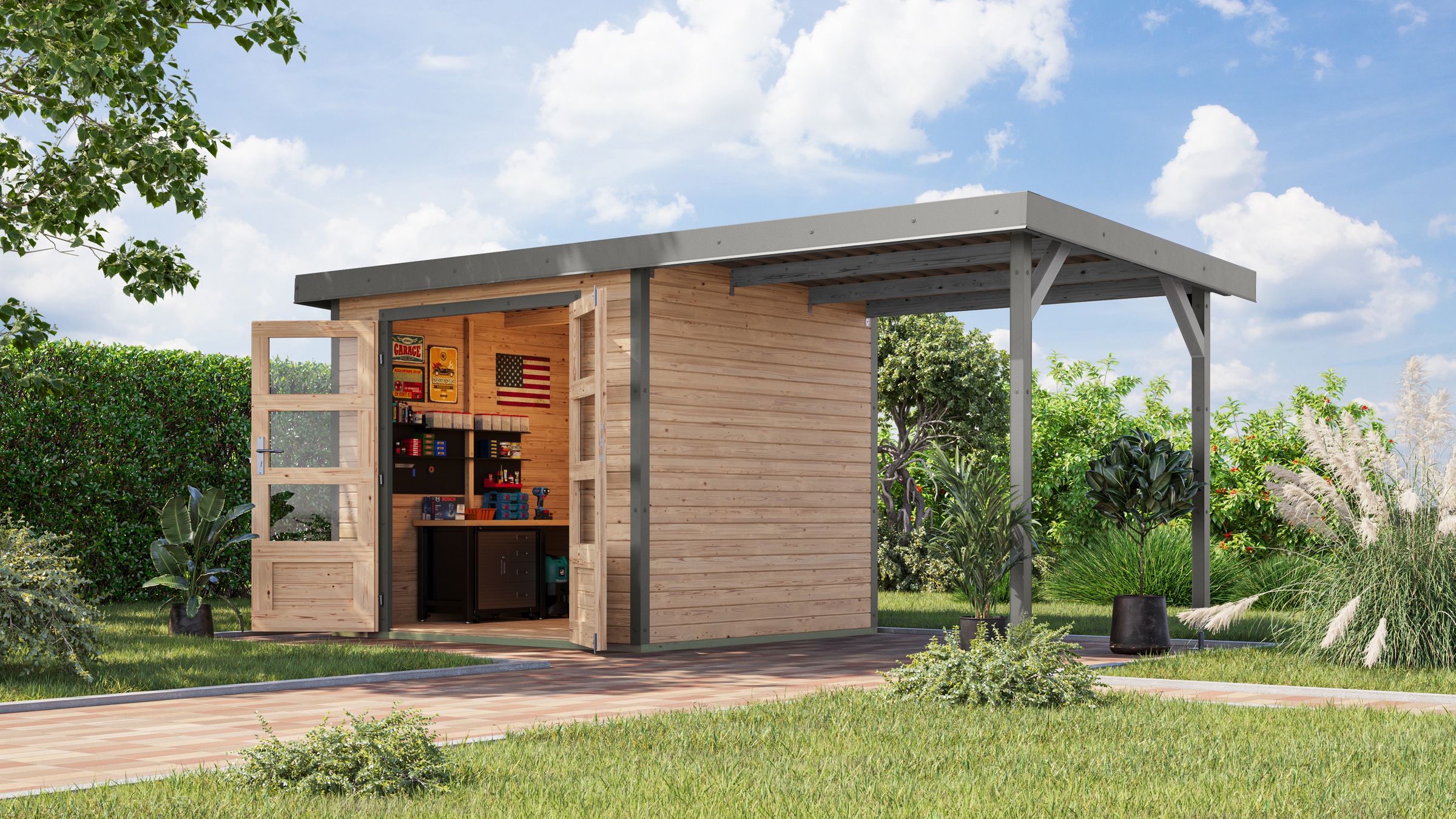 Karibu Gartenhaus ""Jupiter 3 A" SET naturbelassen, mit Anbaudach 2,35 m br günstig online kaufen