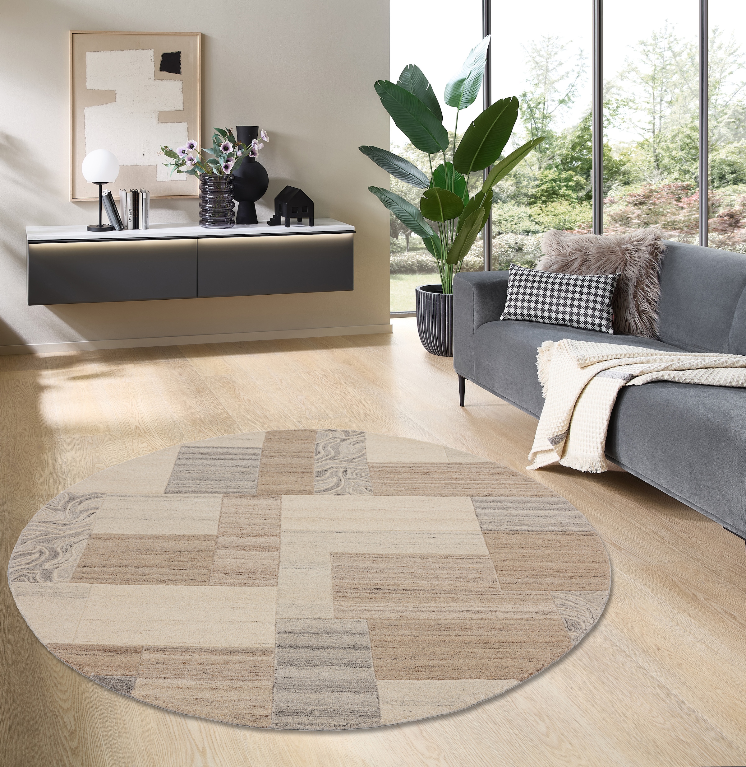 THEKO Wollteppich »Lola, Wolle, handgearbeitet, Patchwork Design«, rund, 12 mm Höhe, handgetuftet, Wohnzimmer, Schlafzimmer, Esszimmer