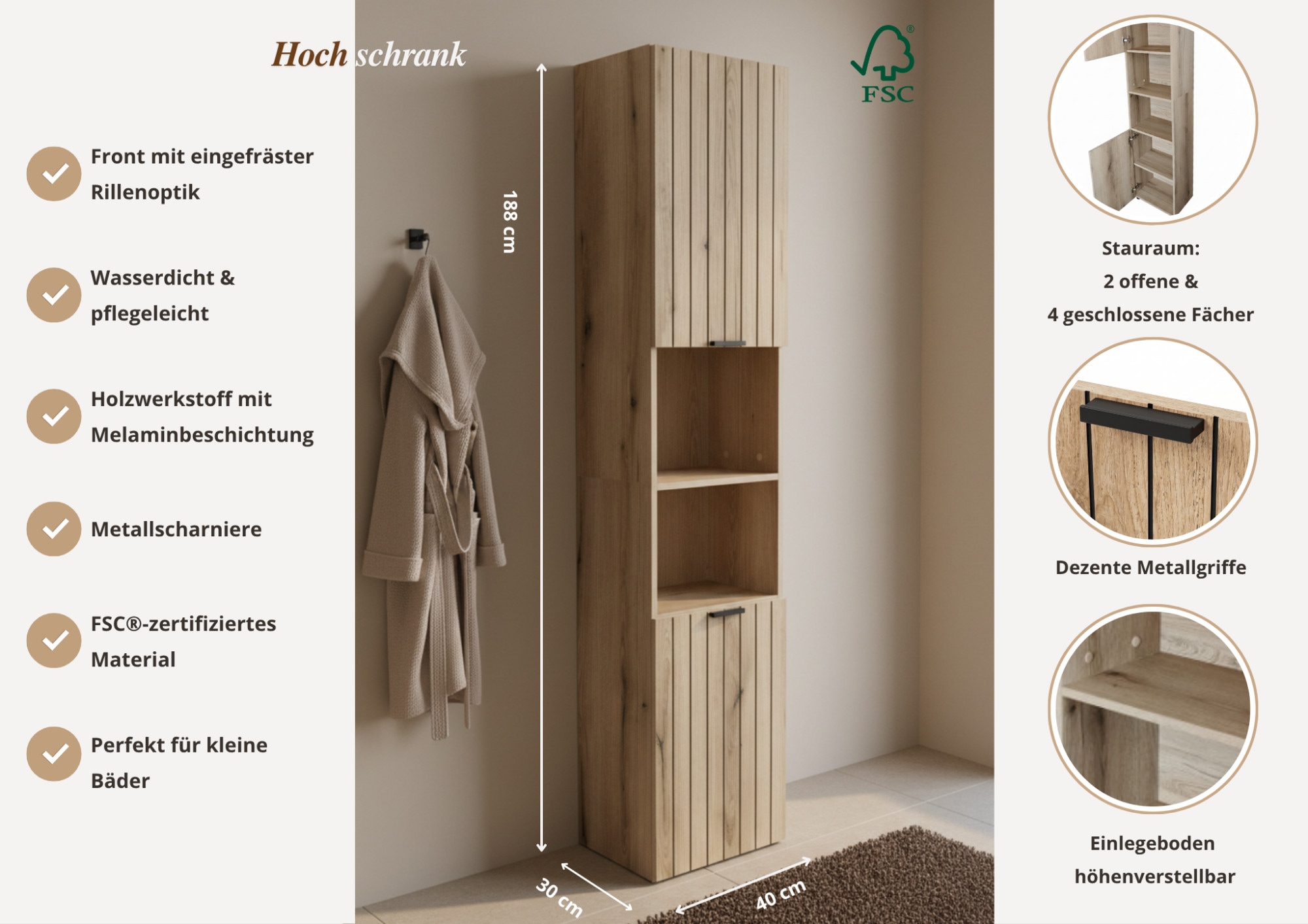 OTTO home Hochschrank »Baltrum« 4 Stk. tlg. Breite 40 cm dekorative Lamellenoptik