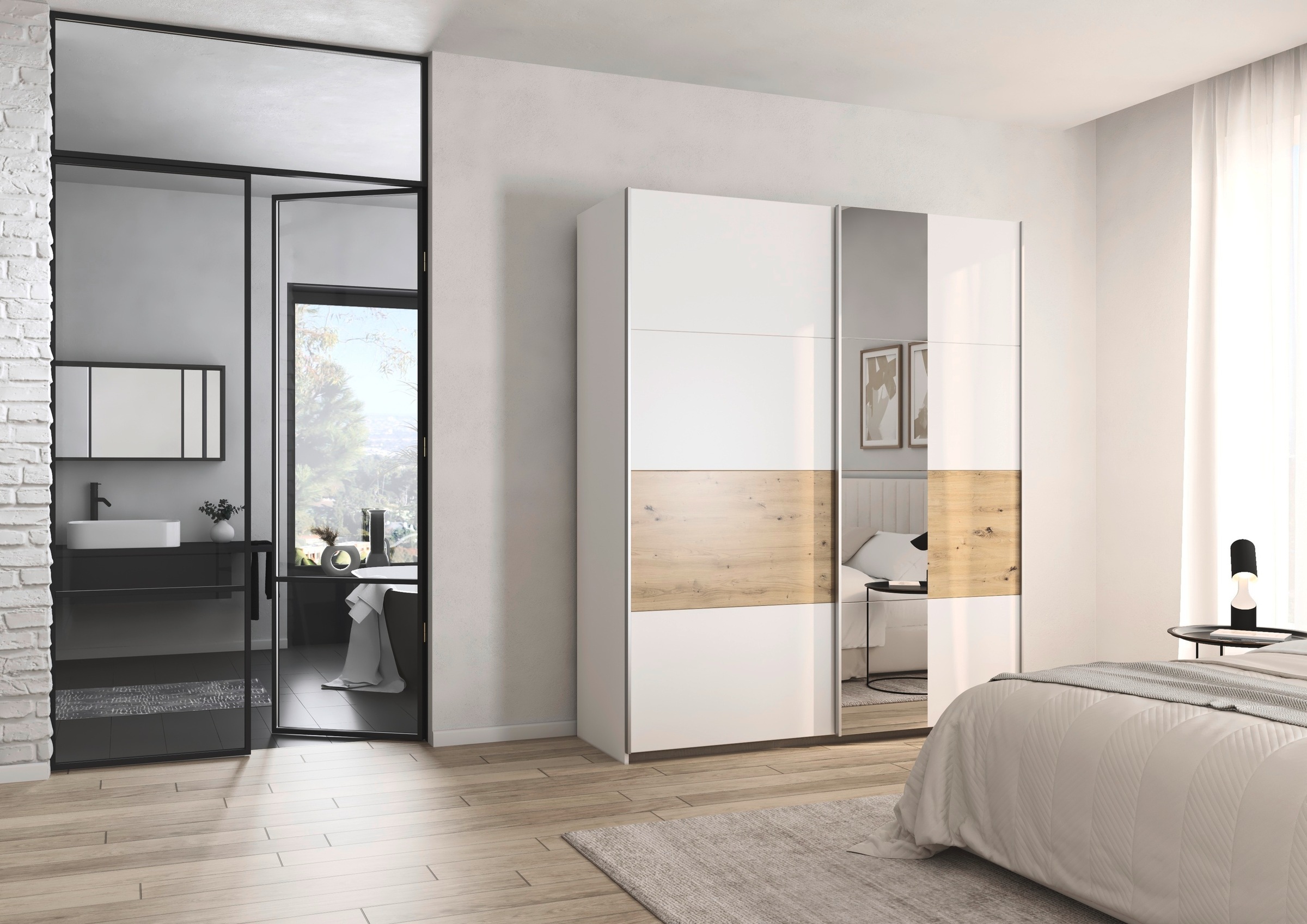 rauch Schwebetürenschrank »Kleiderschrank Schrank Garderobe Schlafzimmerschrank OXFORD«, (in 3 verschiedenen Ausstattungen BASIC/CLASSIC/PREMIUM), mit Griffleisten aus Metall, auch für kleinere Räume MADE IN GERMANY