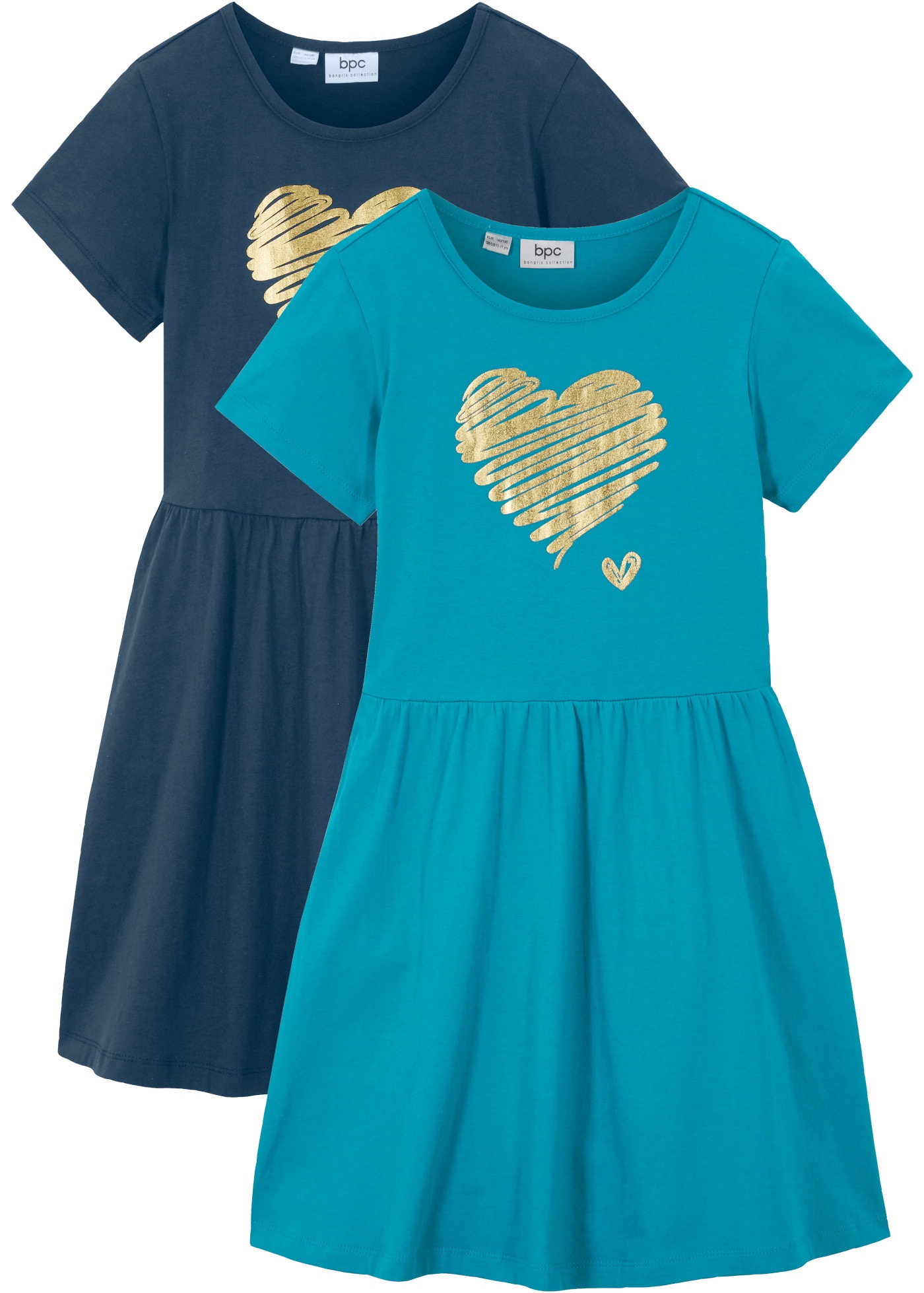 bonprix Jerseykleid Packung, 2er, aus Baumwolle, ausgestellter Rock, mit Herz-Druck, im 2er-Pack