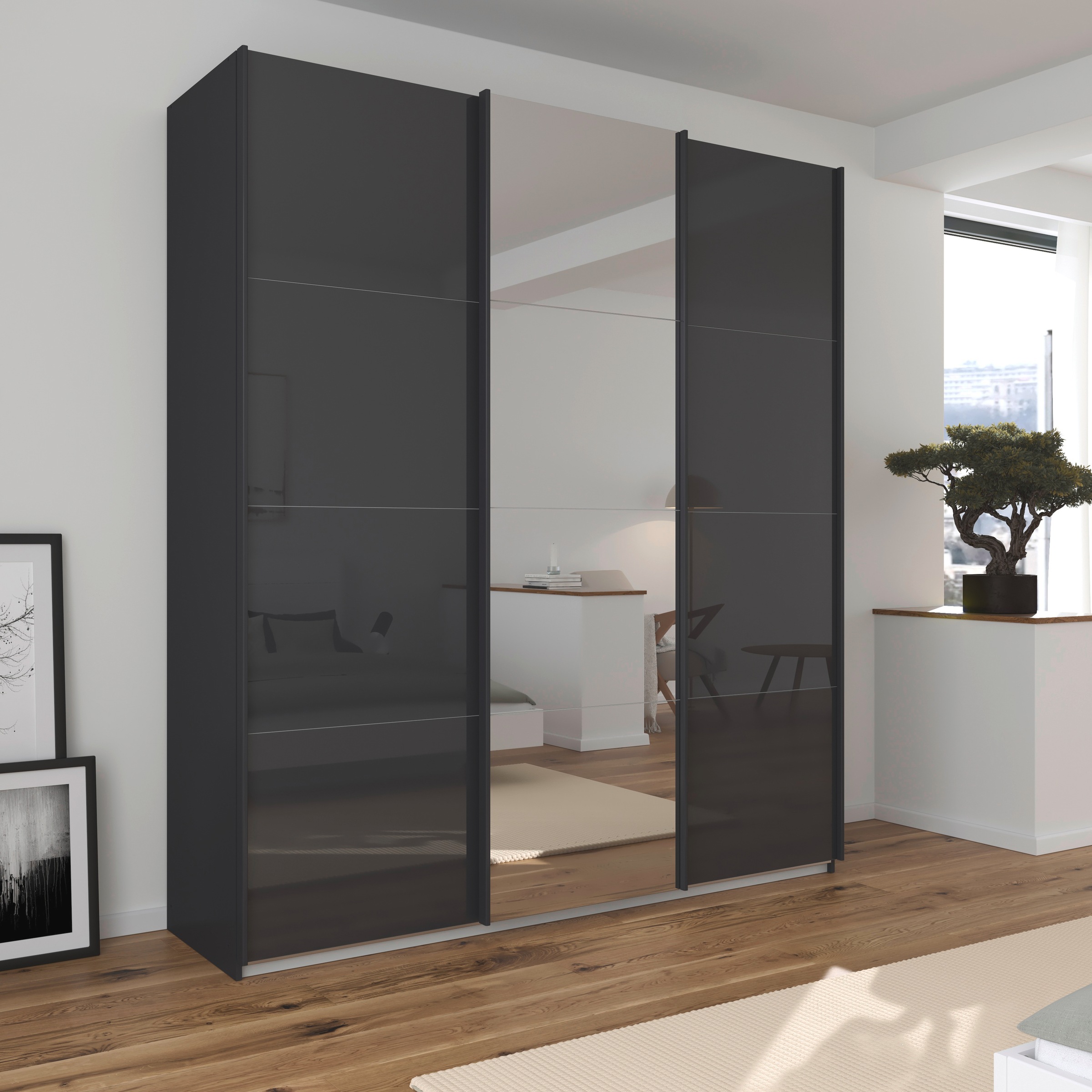 rauch Schwebetürenschrank »Kleiderschrank Kleiderschränke Schrank Garderobe AGORDO mit Glasfront«, durchdachte Innenausstattung, in 4 Breiten und 2 Höhen MADE IN GERMANY