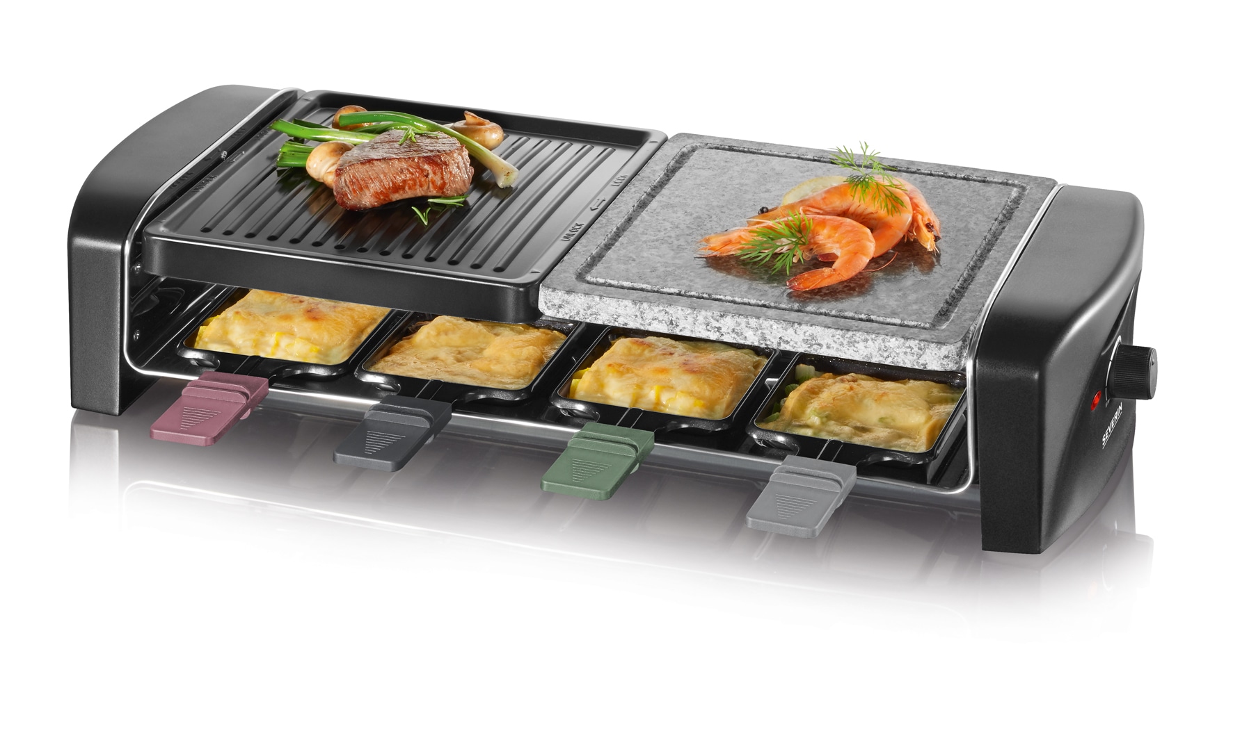 Severin Raclette »RG 9645« 8 Stk. Raclettepfännchen 1.400 W Naturgrillstein & antihaftbeschichtete Grillplatte, 8 Personen, 1400W