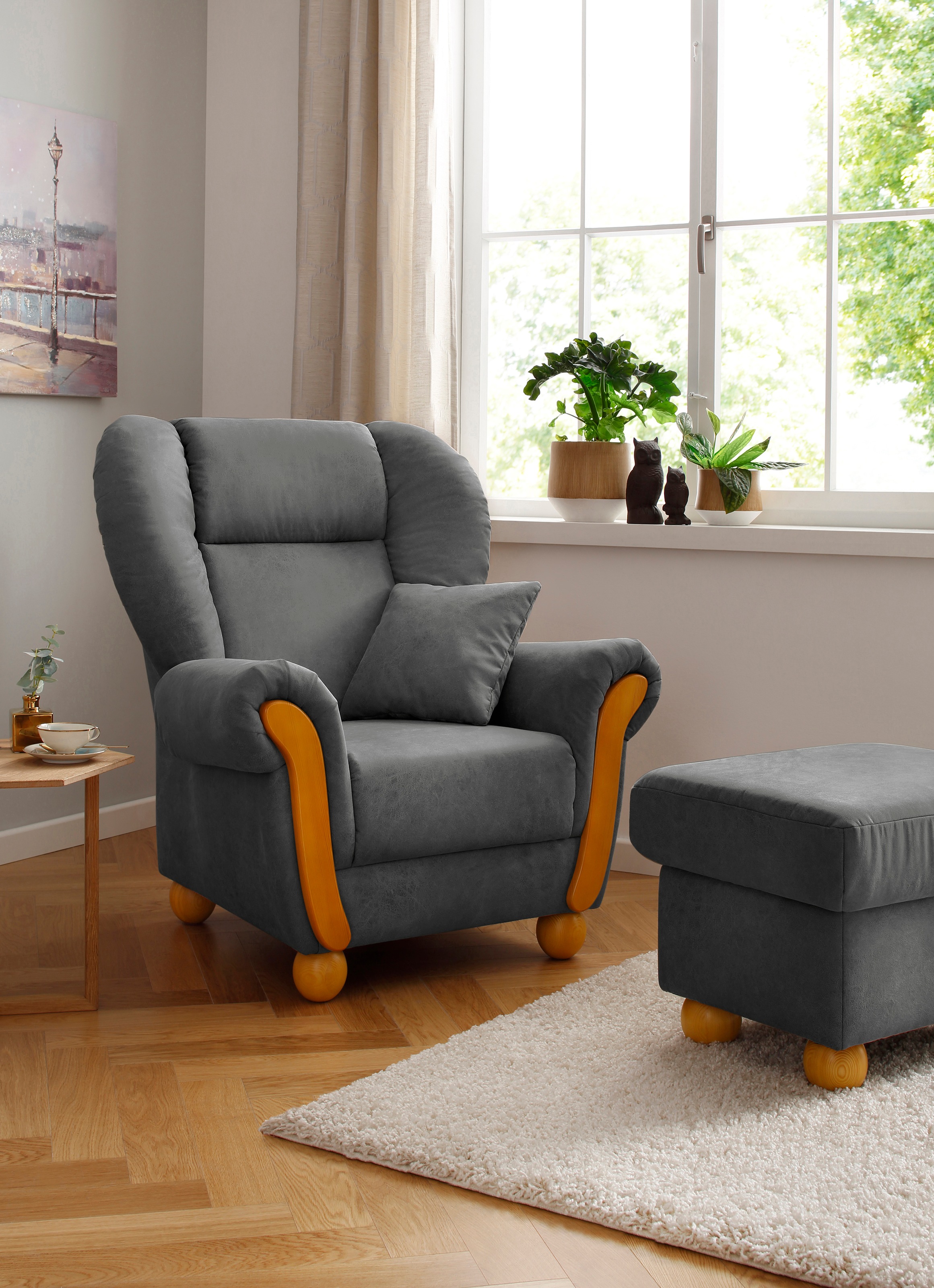 Home affaire Loungesessel "Milano Vintage, Hochlehnsessel, Ohrensessel, Breite 100cm" hoher Sitzkomfort mit hoher Rückenlehne, incl. Zierkissen