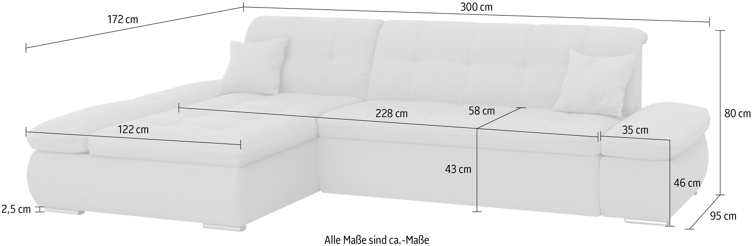 DOMO collection Ecksofa »Moric, L-Form, XXL-Sofa - Breite 300cm«, wahlweise mit Bettfunktion und Armteilverstellung, silber-grau