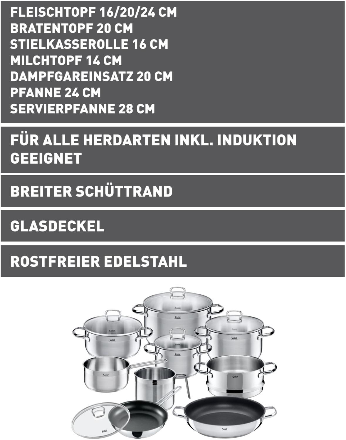 Silit Topf-Set »Toskana«, Edelstahl 18/10, (Set, 14 tlg., mit Milchtopf und Dampfgareinsatz), Silitherm-Allherdboden, induktionsgeeignet, spülmaschinengeeignet