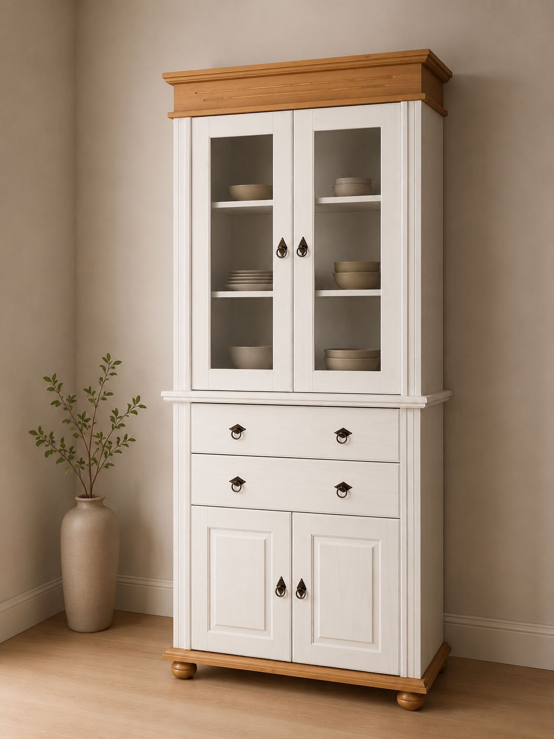 Inter Link Vitrine "Halmaro, Kiefer Massivholz, Weiss/Grau-Lava, 101 x 46,30 x 220 cm" 1 Stk. tlg. Buffet im Laudhausstil, Küchenschrank mit Glastüren, viel Stauraum