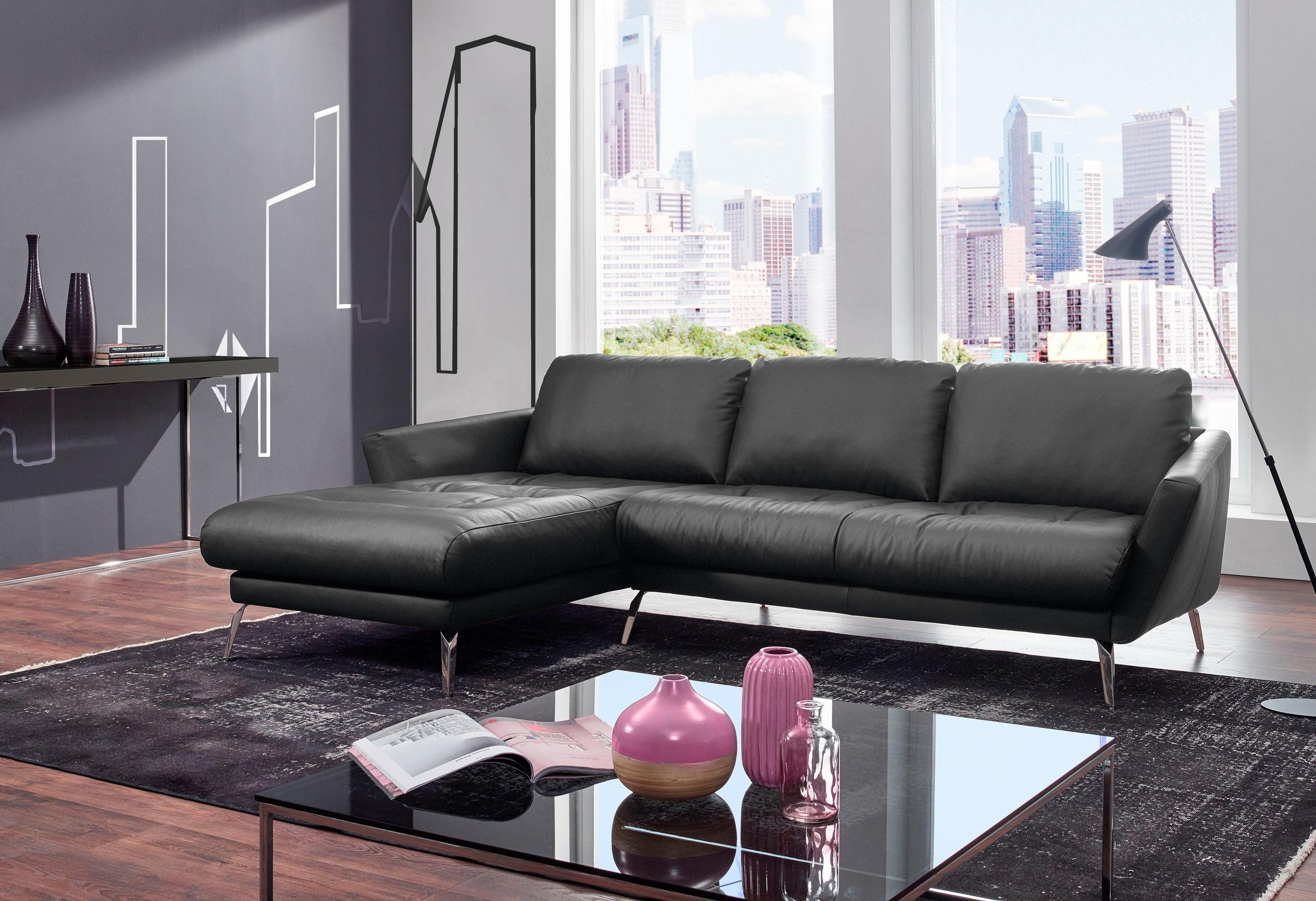 W.SCHILLIG Ecksofa »softy, Designsofa, zeitlos und elegant, hoher Sitzkomfort, L-Form«, mit dekorativer Heftung im Sitz, Füße Chrom glänzend