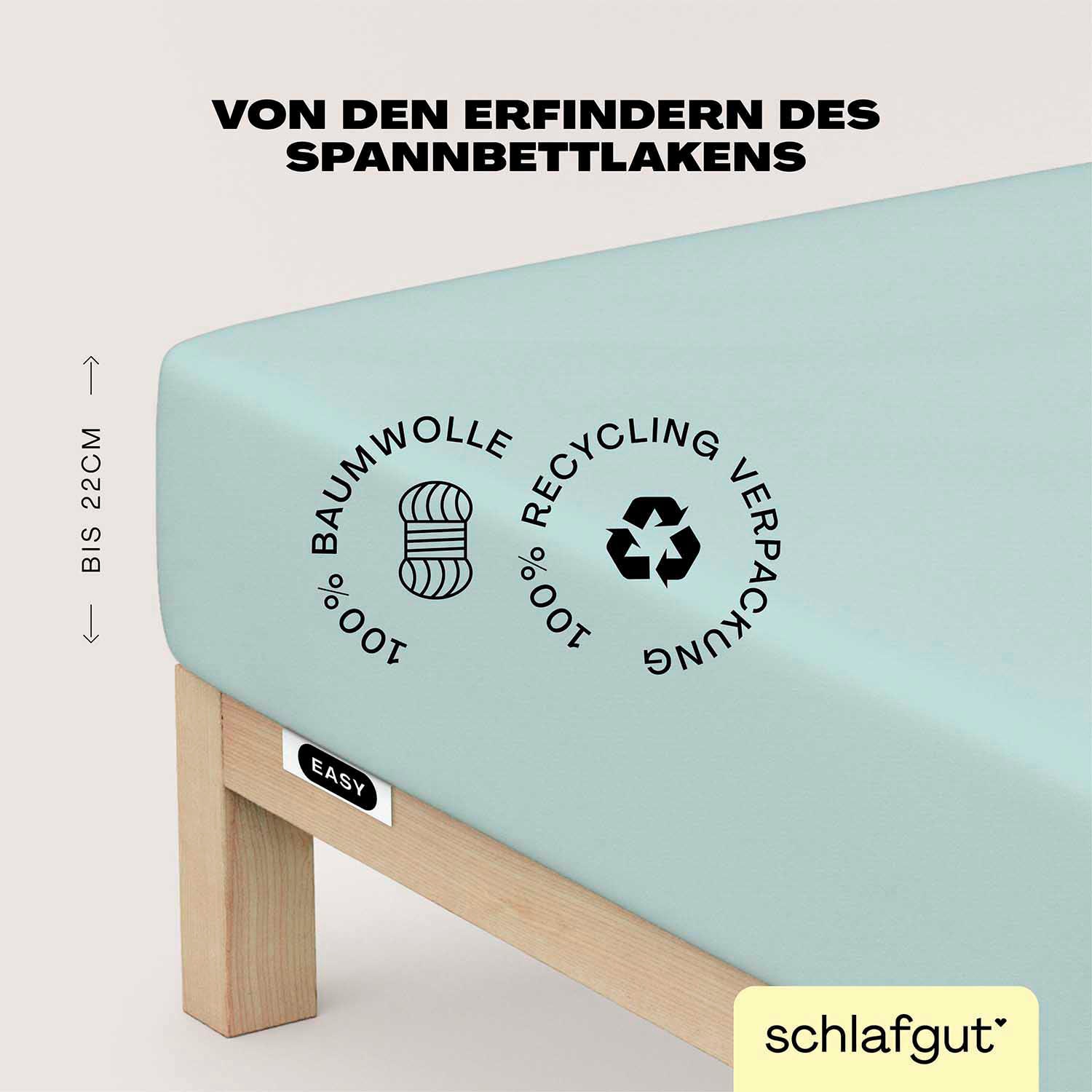 Schlafgut Spannbettlaken "EASY JERSEY Bettlaken, 150 g/m², 100% Baumwolle, Spannbetttuch" Spannbettlaken bis 22 cm Höhe, bügelfrei, pflegeleicht, perfekter Sitz