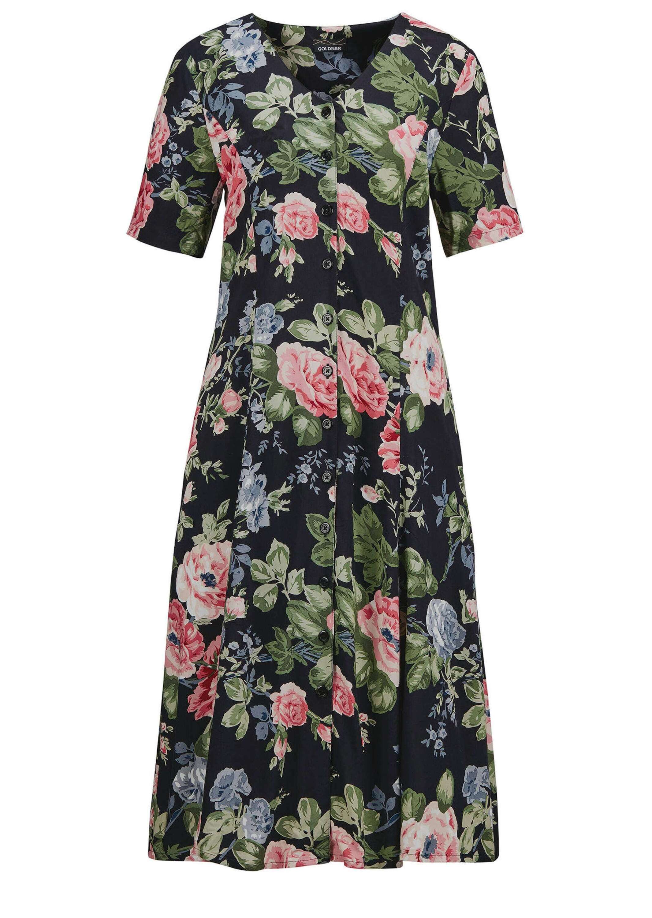 GOLDNER Sommerkleid "Viskosekleid mit floralem Muster" Seitennahttaschen Knopfleiste