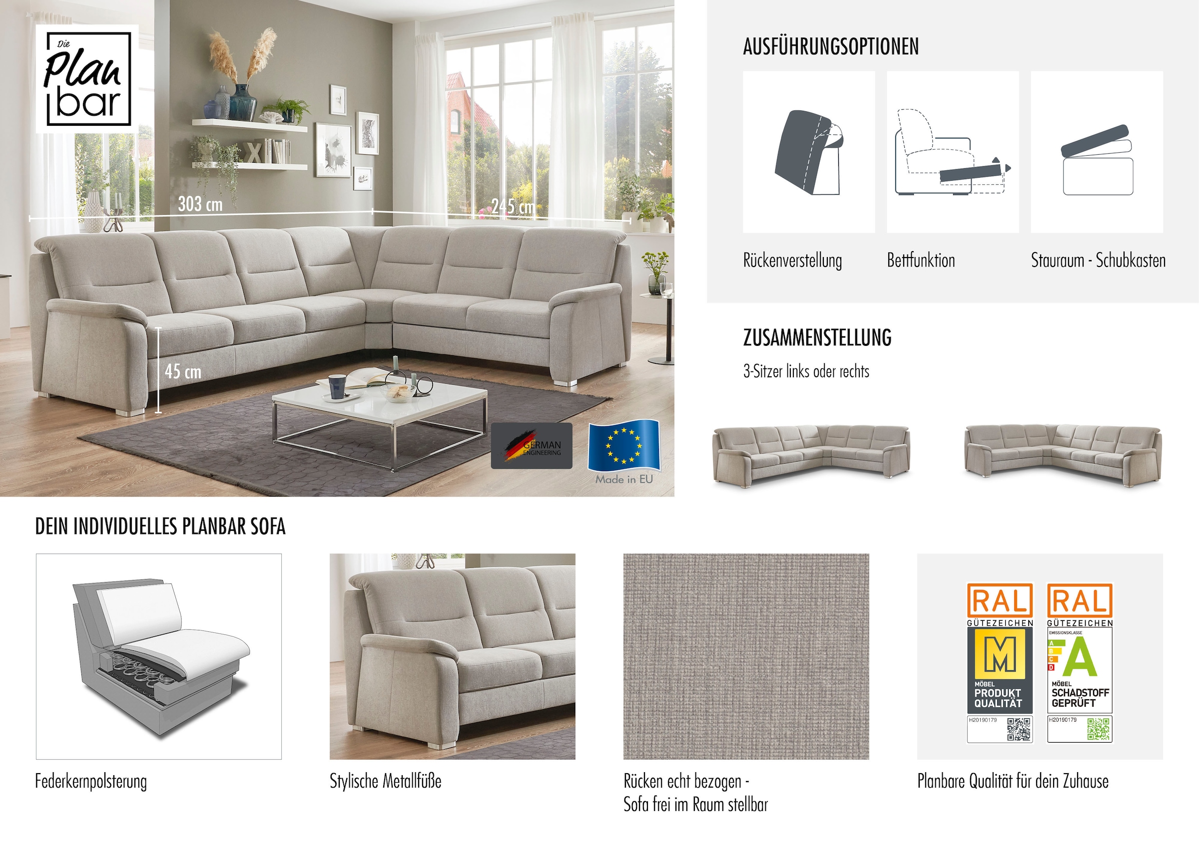 Die PlanBar Ecksofa "PP-HS10002" wahlweise mit Rückverstellung, Bettfunktio günstig online kaufen