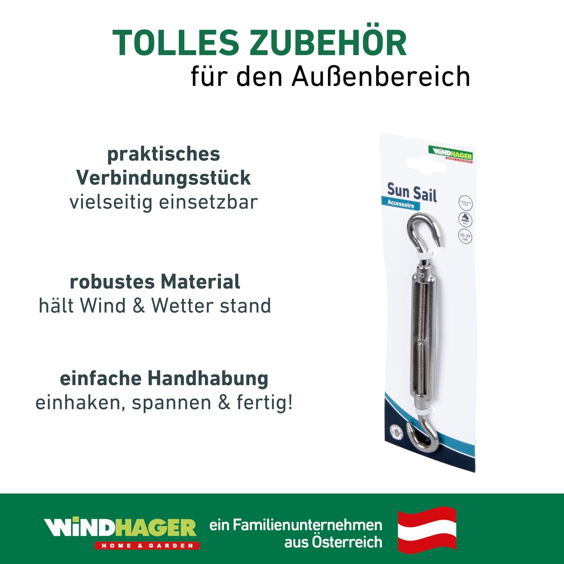 Windhager Seilspanngarnitur »Spannanker aus Edelstahl, zum Spannen von Sonnensegel« Segelspanner mit 2 Haken, 29 cm, Tragkraft max. 80 kg
