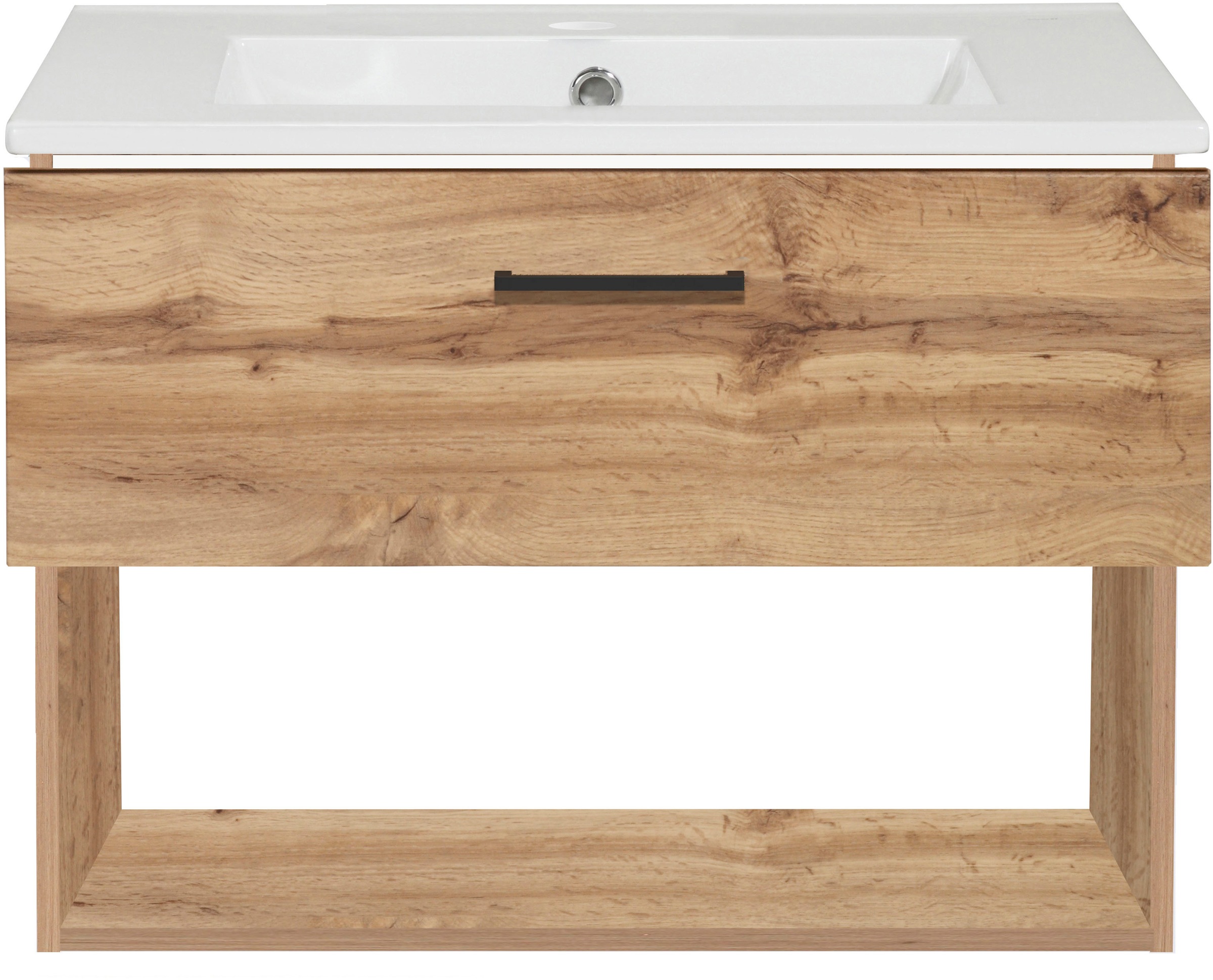 welltime Waschtisch »Trento Light mit Keramik-Auflagebecken«, 1 Auzug und 1 offenes Fach, Breite: 61cm, Wotaneiche