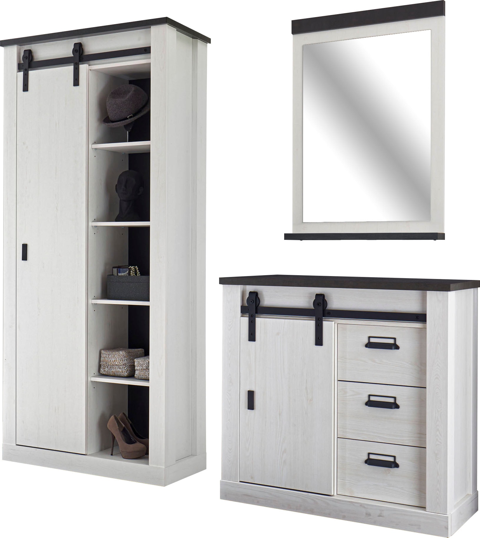 Home affaire Garderoben-Set "Sherwood, Garderobe im Industrial-Style, Komplettset mit viel Stauraum" 3 Stk. tlg.