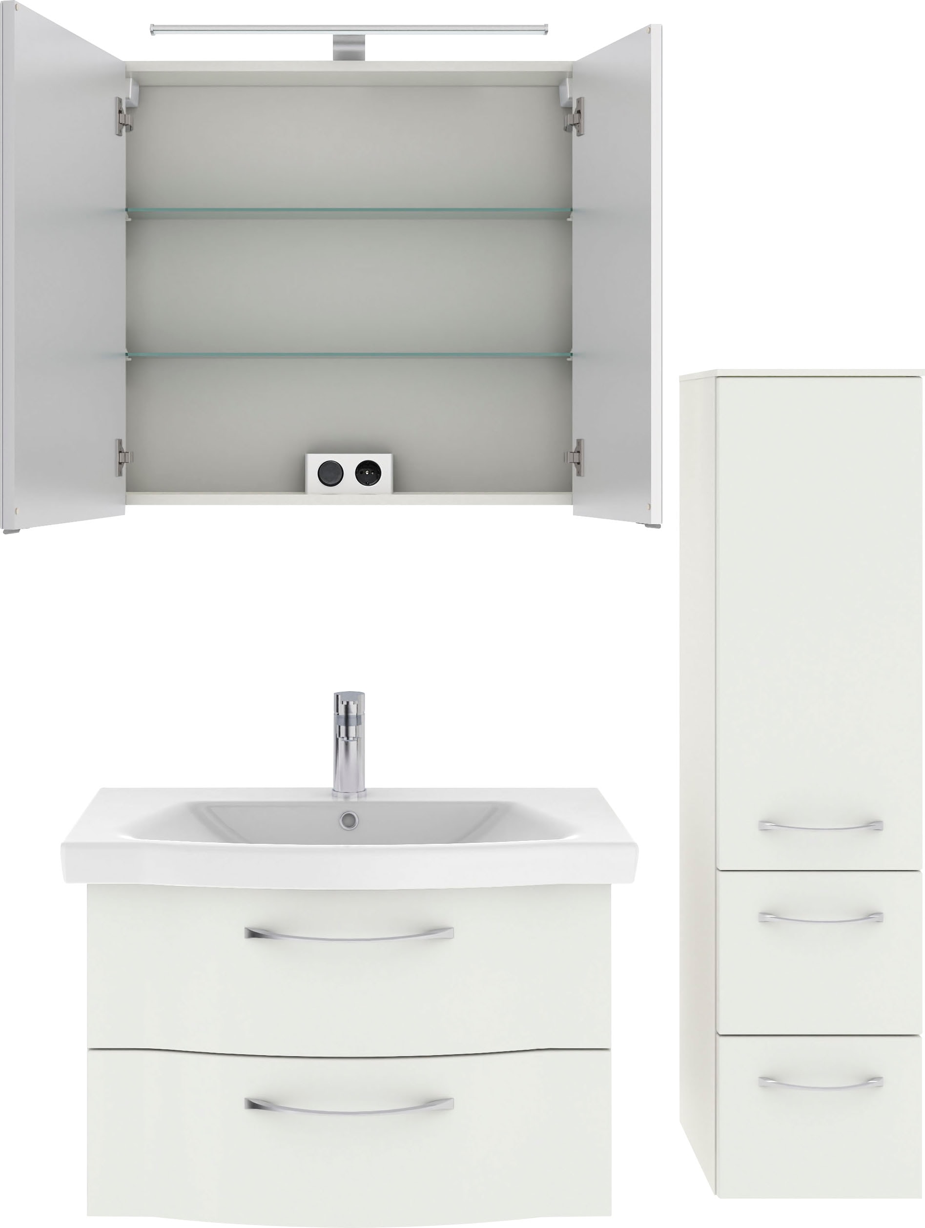 Saphir Badmöbel-Set »6005 Sprint 3-teilig, Keramik-Waschtisch mit LED-Spiegelschrank«, (4 St.), Midischrank, inkl. Türdämpfer, 3 Türen, 4 Schubladen, Bad-Set