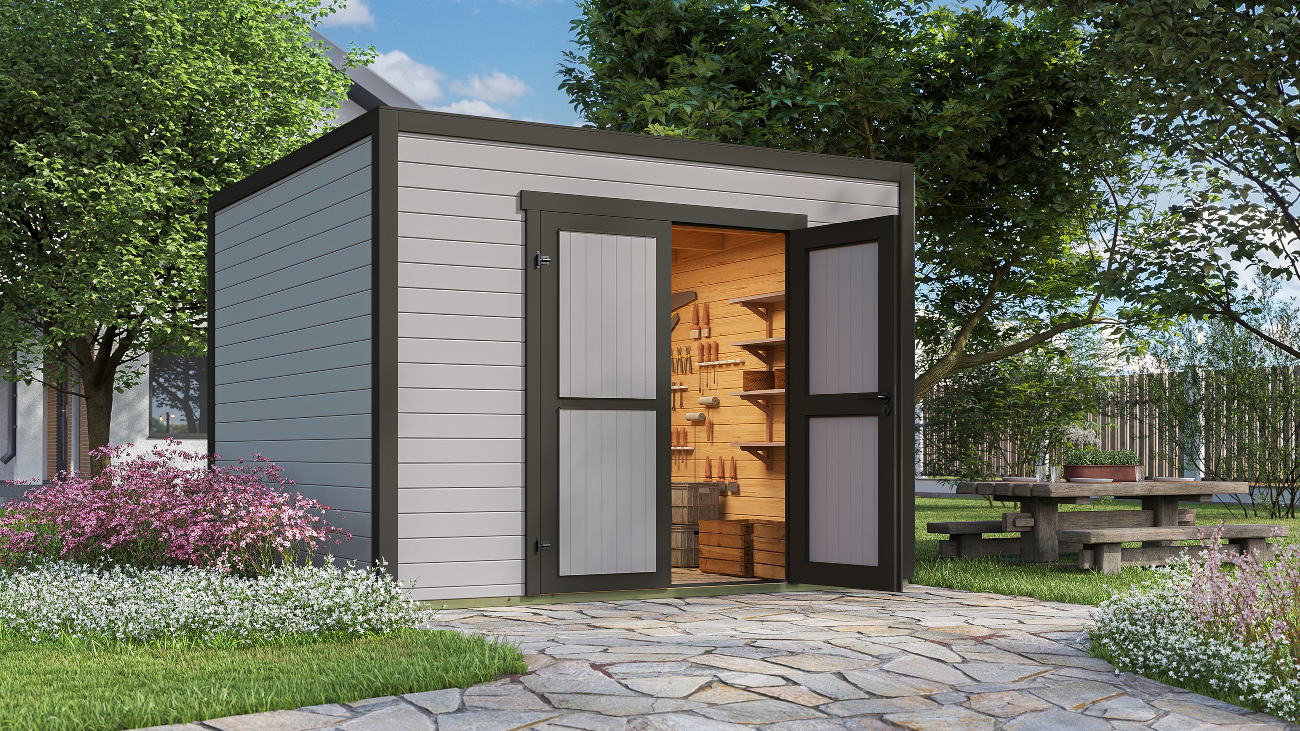 weka Gartenhaus "Batu 3, Flachdach, Vollholztür" 28 mm starke Blockbohlen, in verschiedenen Farben