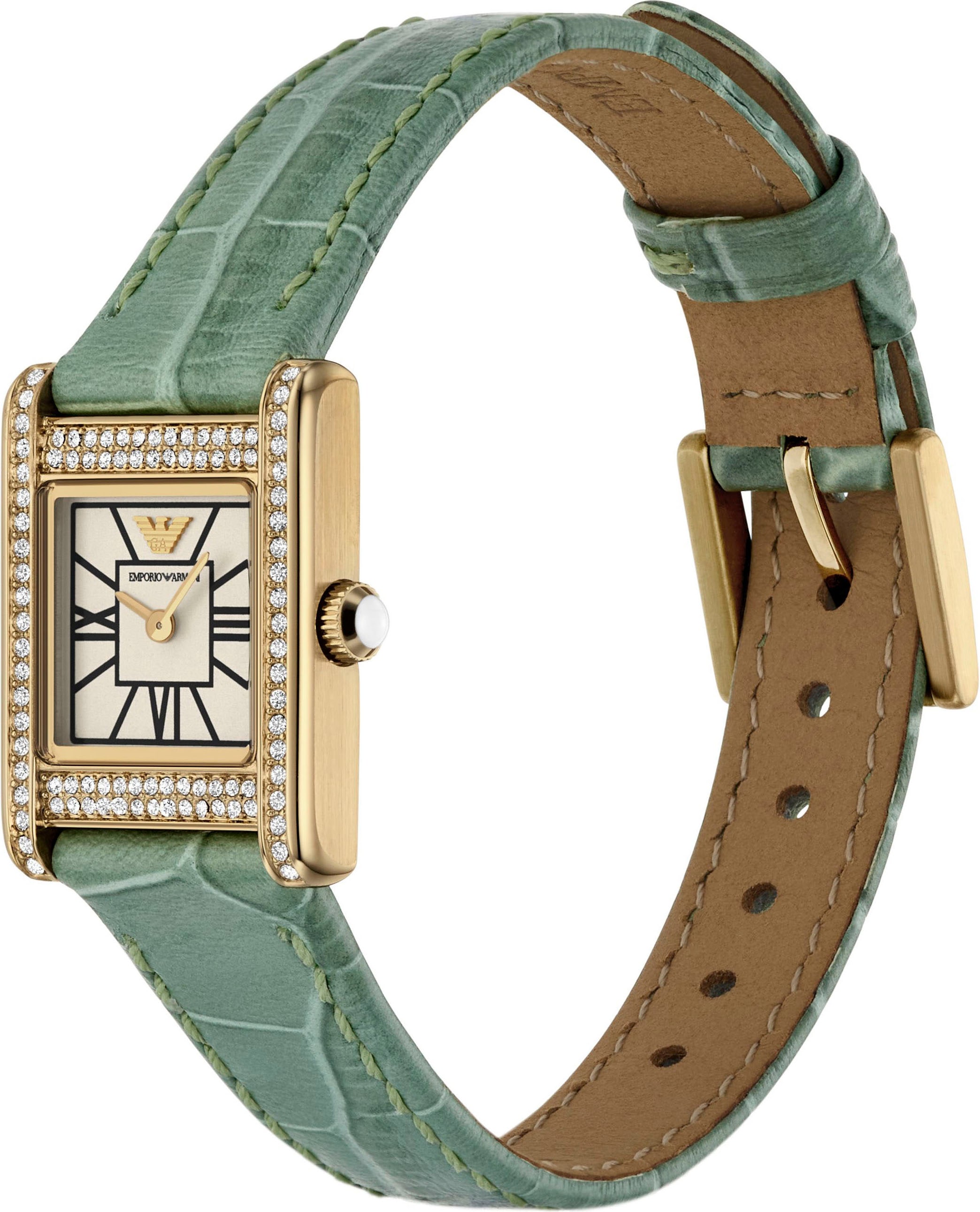 Emporio Armani Quarzuhr, Armbanduhr, Damenuhr, Lederarmband, analog, Glassteine