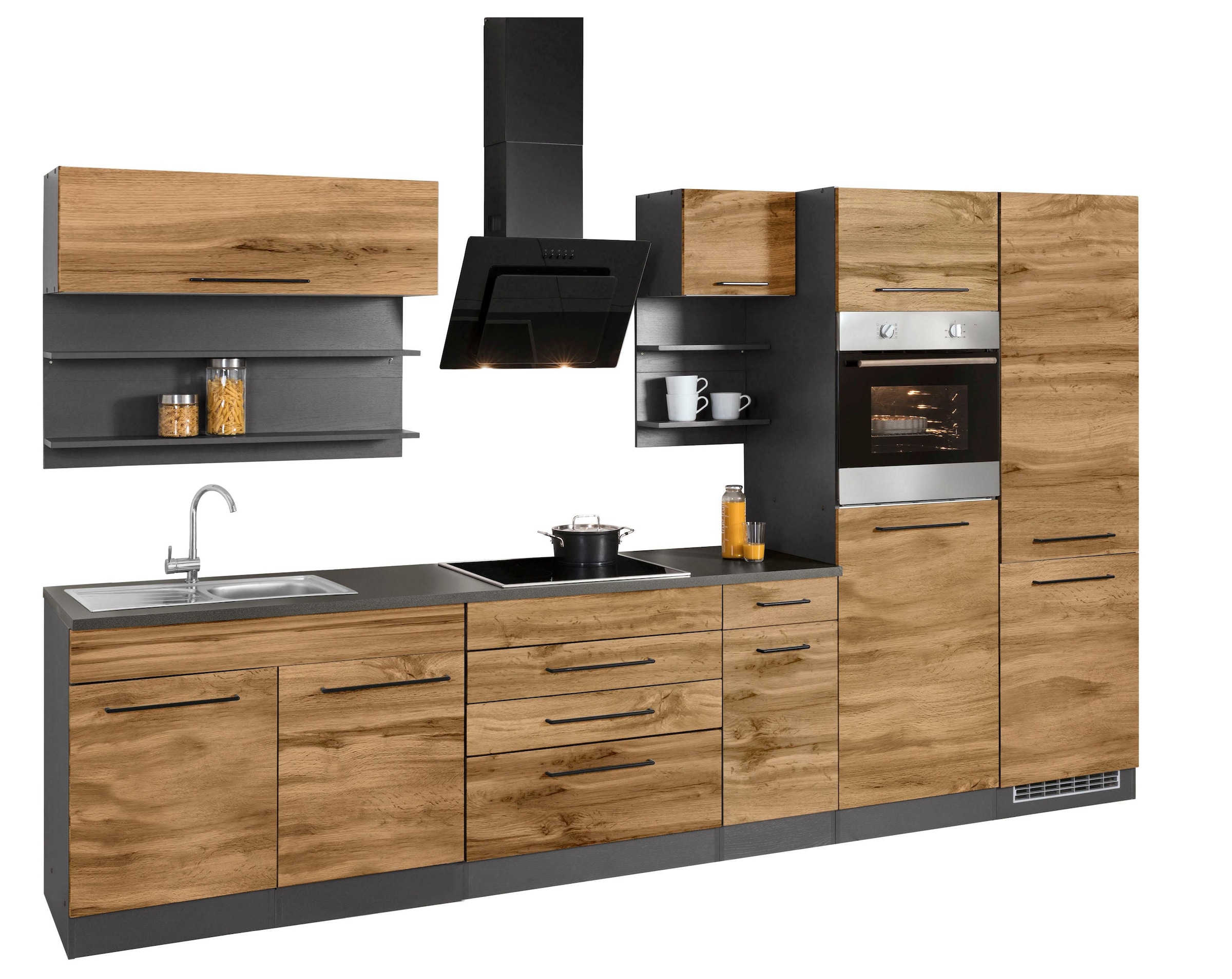 KOCHSTATION Küchenzeile »KS-Tulsa«, ohne E-Geräte, Breite 350 cm, schwarze Metallgriffe, MDF Fronten