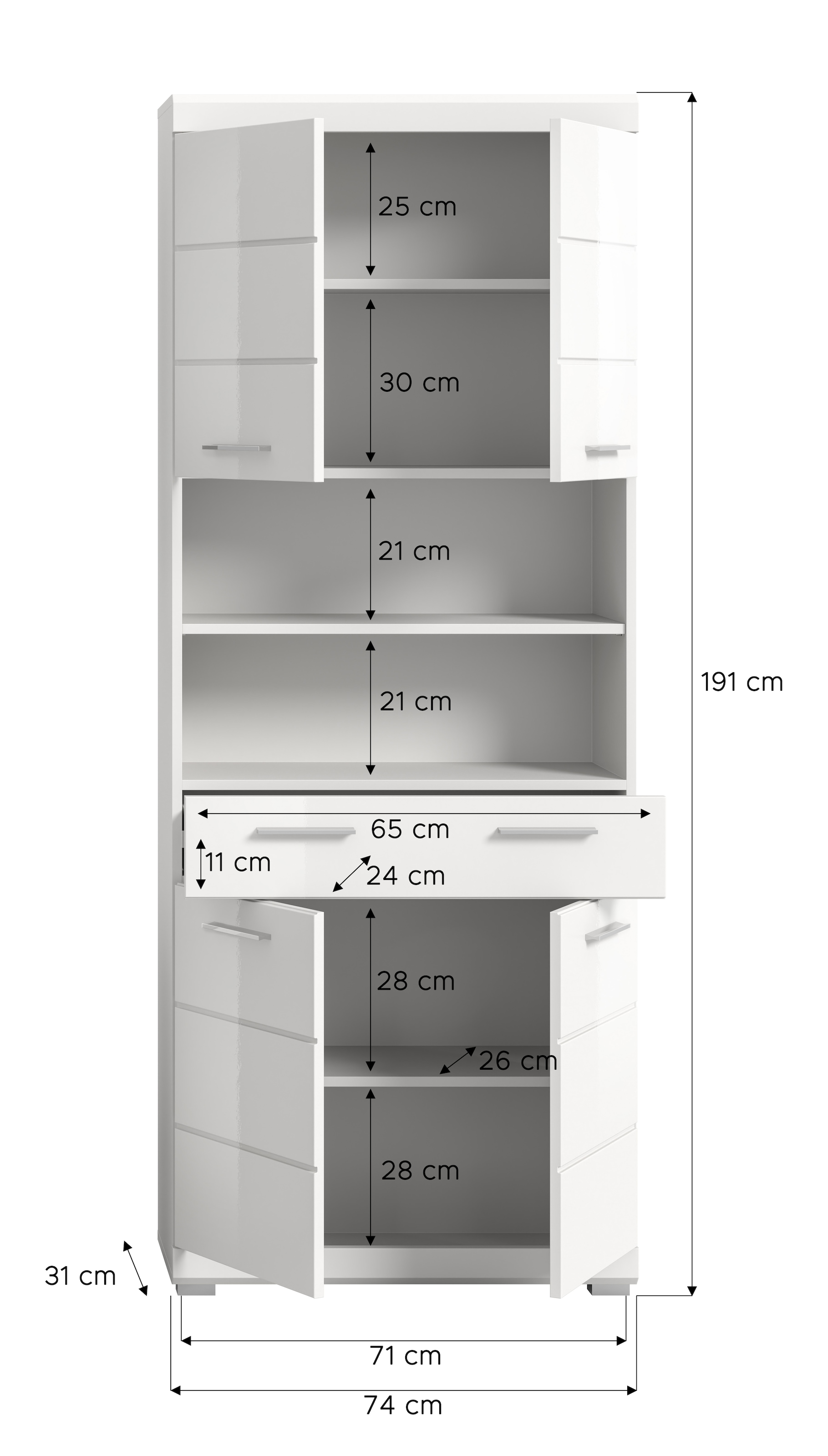 INOSIGN Hochschrank »Siena, Breite 74cm, 4 Türen, 1 Schubkasten, 2 offene Fächer, MDF-Front«, in verschiedenen Farben erhältlich, Badmöbel, Badschrank, Schrank, Bad