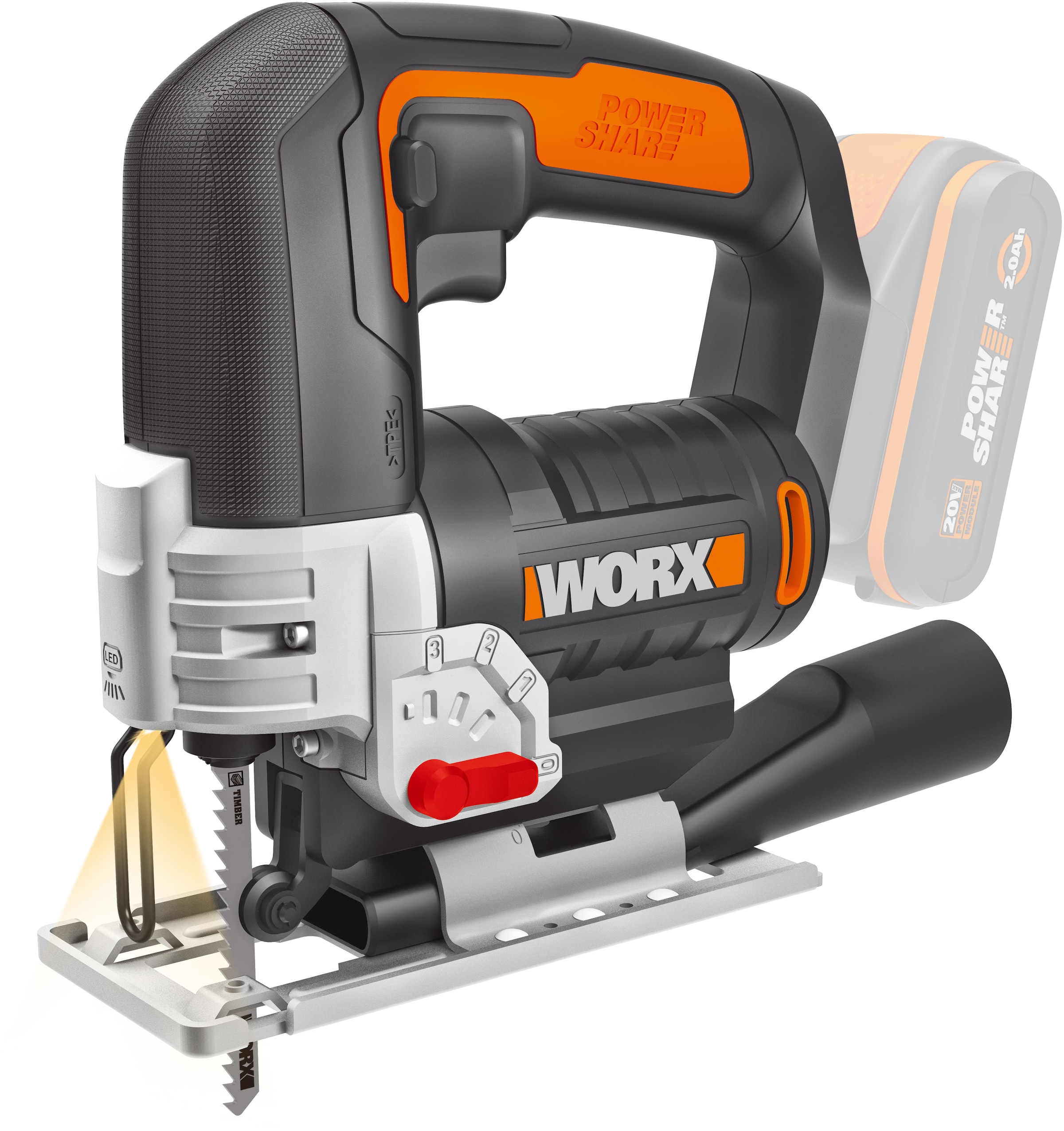 Worx Akku-Stichsäge "WX543.9", mit Absaug-Adapter, 45 Gehrungsschnitte, ohne Akku & Ladegerät