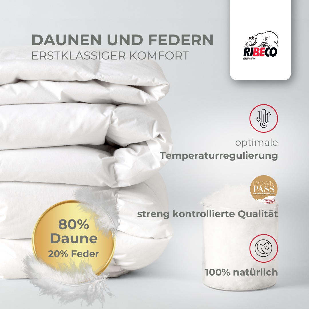RIBECO Daunenbettdecke "Johanna, Bettdecke in 135x200 und 155x220cm und weiteren Größen" leicht Füllung 80Daunen20Federn 1 Stk. tlg. Topseller, Daunen und Federn, Daunendecke, Federdecke, Made in Germany