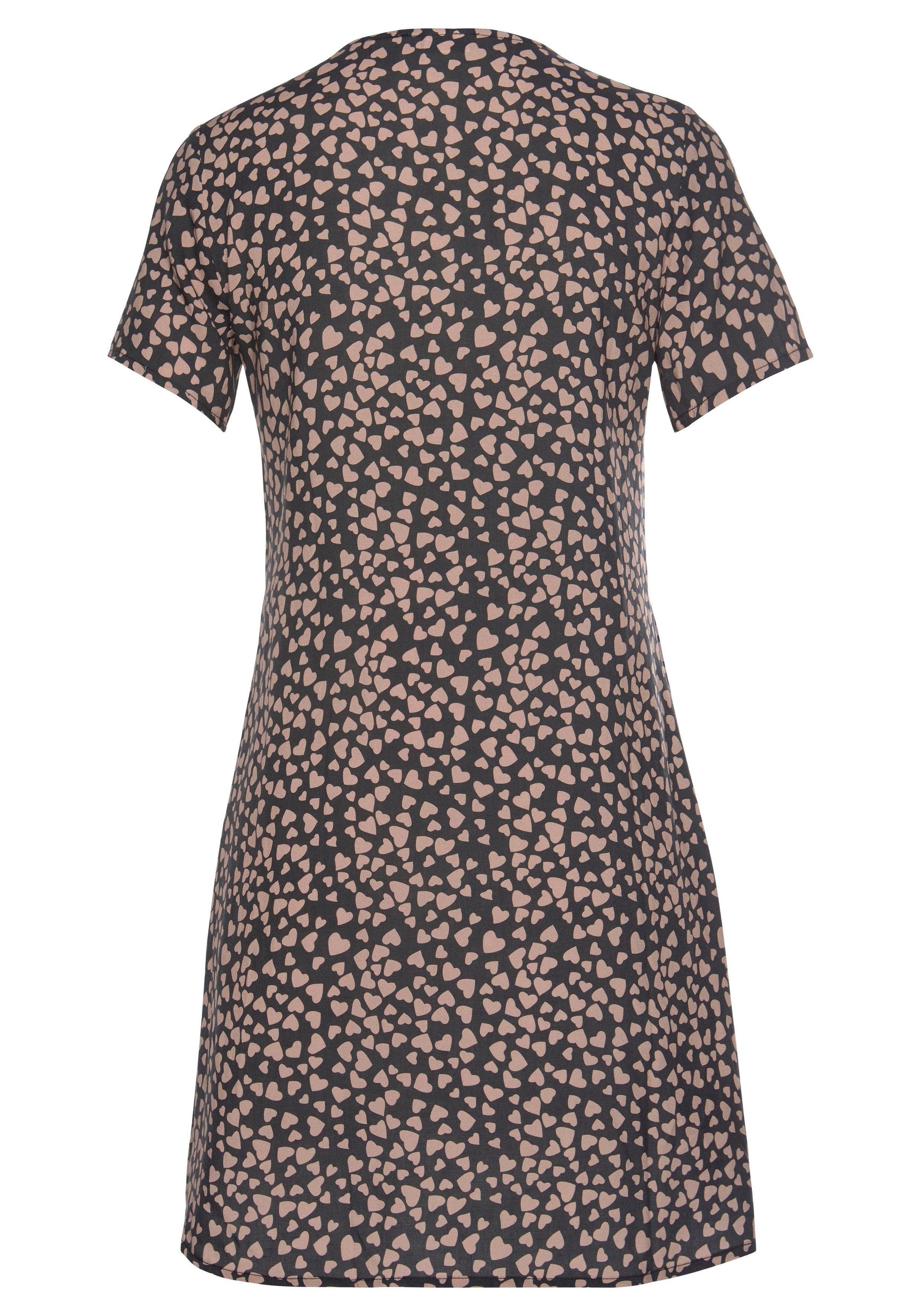 Blusenkleid LASCANA, Damen, Gr. 36, N-Gr, bunt (schwarz, cognac, bedruckt), Web, Obermaterial: 100% Viskose, bedruckt, figurumspielend ca. Mitte Oberschenkel, V-Ausschnitt, Kleider Blusenkleid, mit Herzchenprint, lockeres Blusenkleid, Sommerkleid, Strandk 3
