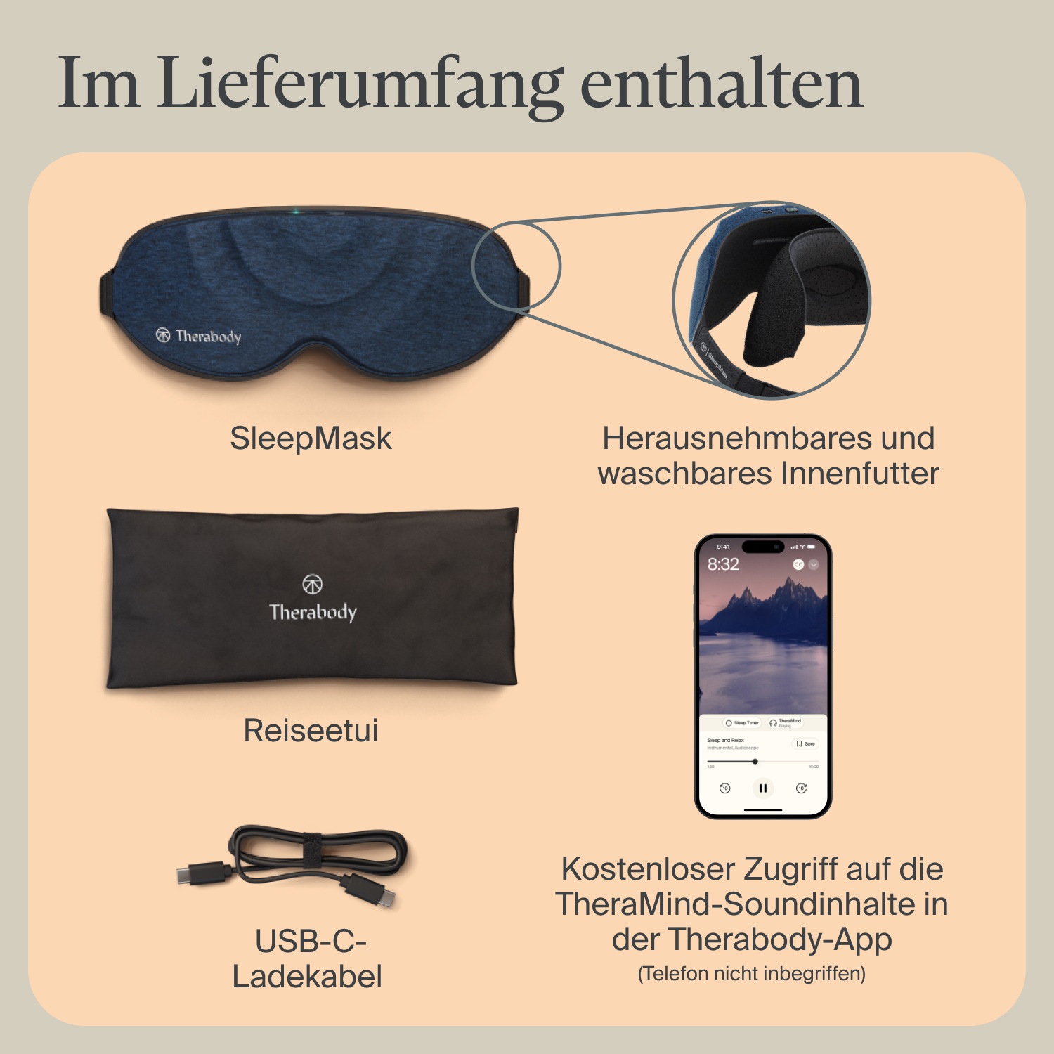 Therabody Gesichtsmassagegerät »SleepMask Verdunkelungs-Augenmaske, Vibrationen für besseren Schlaf«, 3 Vibrationsmuster, inkl. TheraMind-Sound, abnehmbar, waschbar