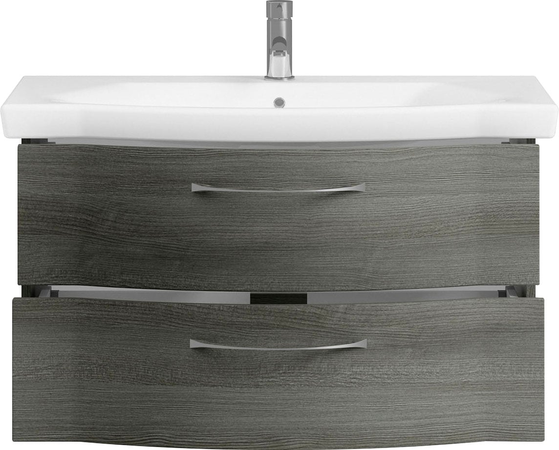 Saphir Badmöbel-Set »6005 Sprint 4-teilig, Keramik-Waschtisch mit LED-Spiegelschrank«, (5 St.), Unterschrank, Midischrank, inkl. Türdämpfer, 5 Türen, 5 Schubladen