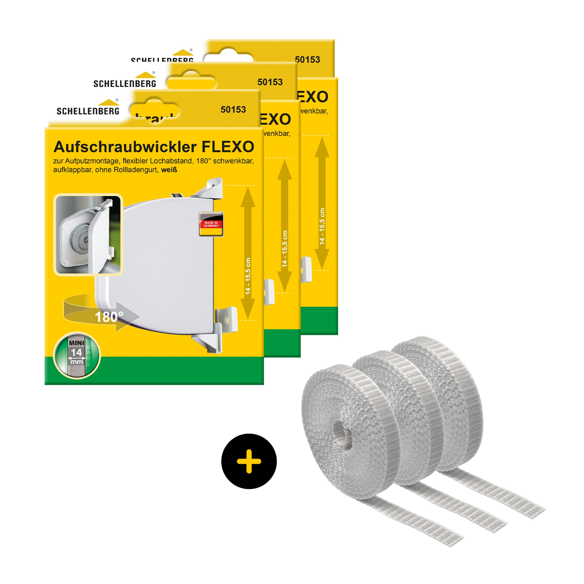 SCHELLENBERG "Flexo für das Rollladensystem Mini, inkl. Rollladengurt in grau" Set, 3 Stk. tlg. Aufschraubwickler aufklappbar, höhenverstellbar, 180 schwenkbar weiß