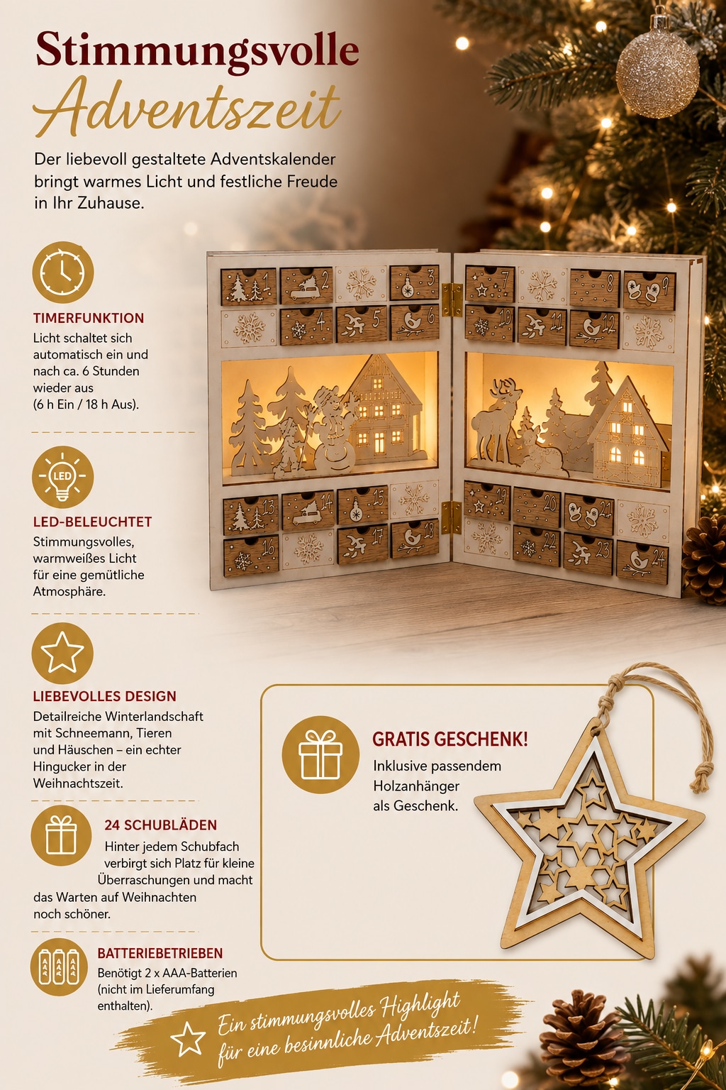 OTTO home befüllbarer Adventskalender »mit LED-Beleuchtung« für Erwachsene Mit Beleuchtung und 6h-Timer, winterliche Motive, Höhe 22 cm