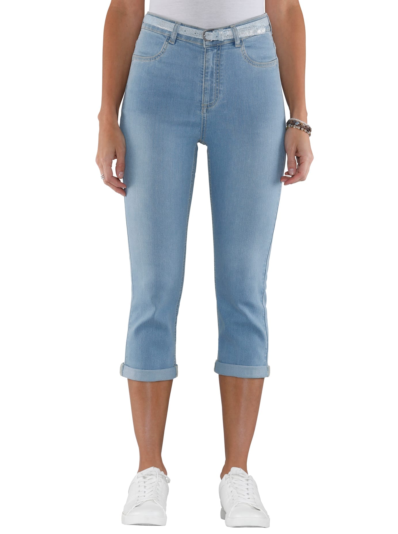 Caprijeans CLASSIC BASICS, Damen, Gr. 40, Normalgrößen, blau (blau, bleached), 81% Baumwolle, 17% Polyester, 2% Elasthan, unifarben, 3/4-Länge, Jeans, Topseller