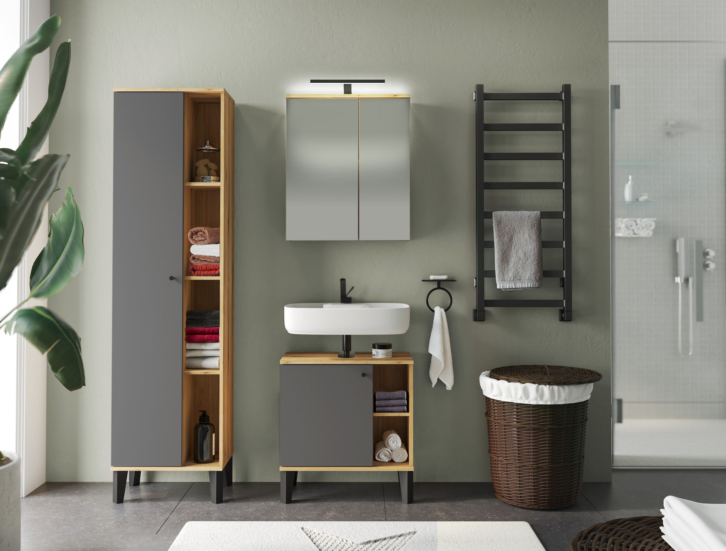 INOSIGN Badmöbel-Set »OSLO, Bad im skandinavischen Design, 5-teiliges Badezimmer«, (Set, 3 St.), Badschränke und Spiegel, in zwei Farben verfügbar, viel Stauraum
