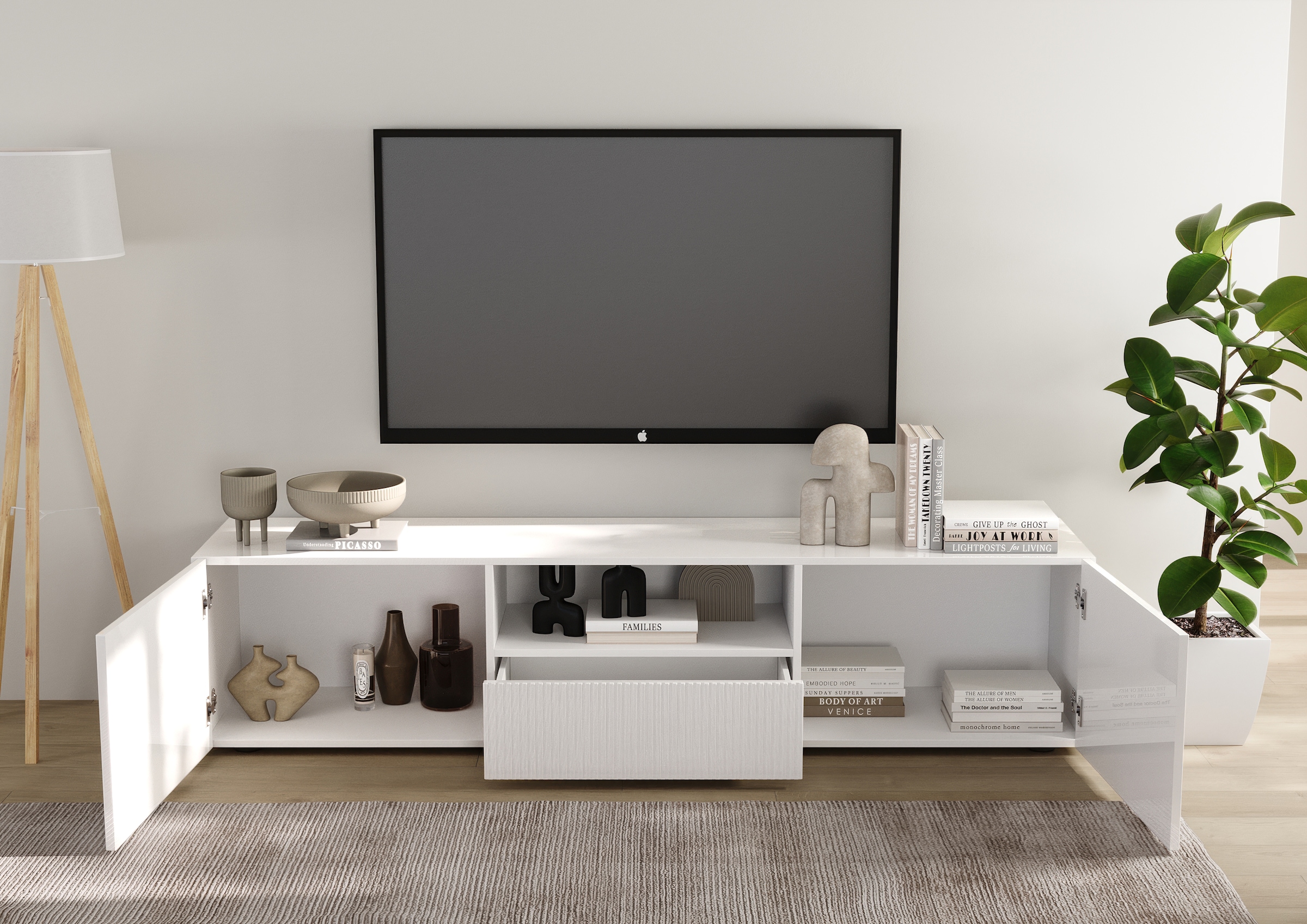 INOSIGN Lowboard »Rio Breite 181 cm, TV-Board 2 Türen u. 1 Schubkasten, TV-Schrank«, geriffelte MDF-Fronten, modern u. elegant, Kabelführung, viel Stauraum