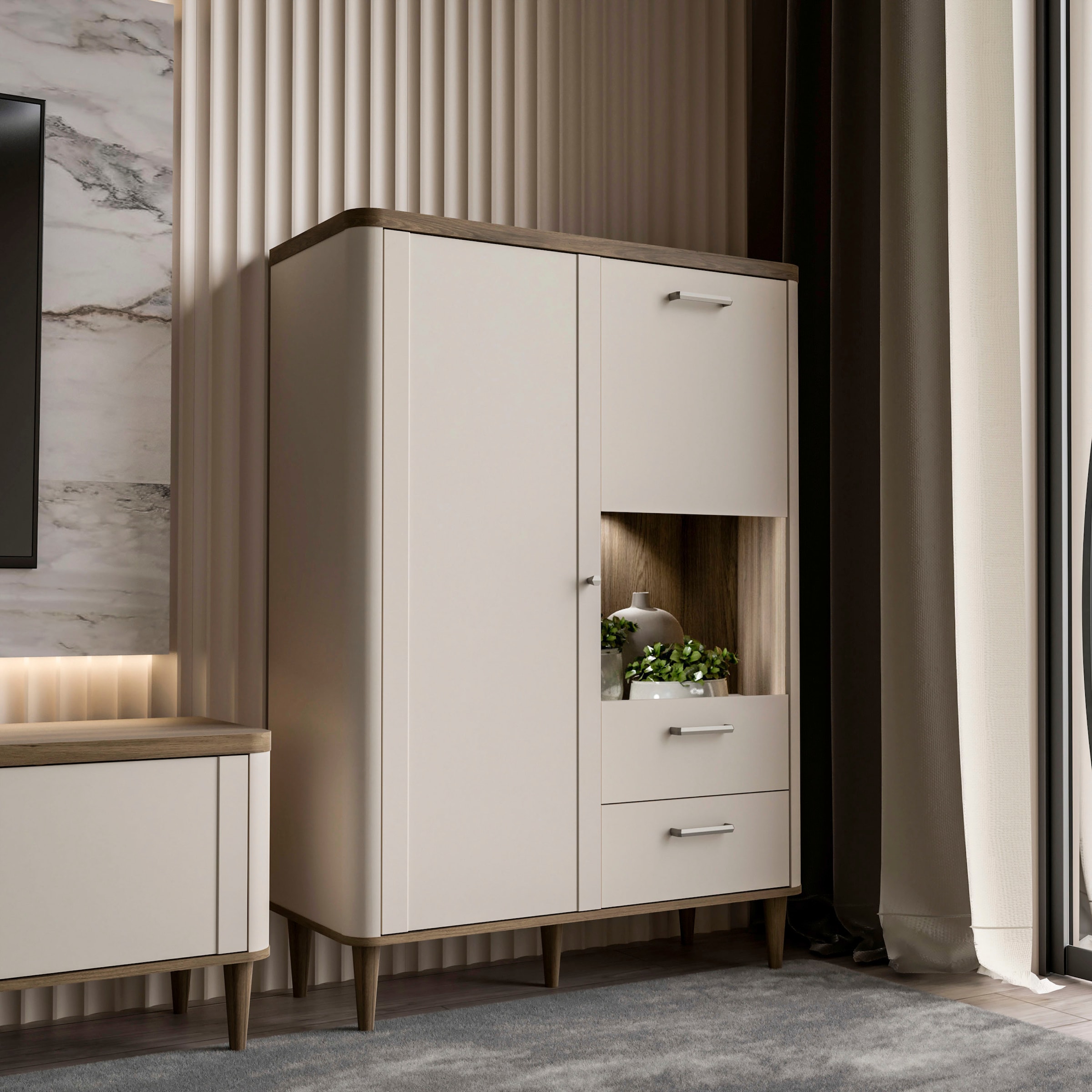 FORTE Highboard, B/H/T 100,1/142,9/41,2 cm Echtholzfüße