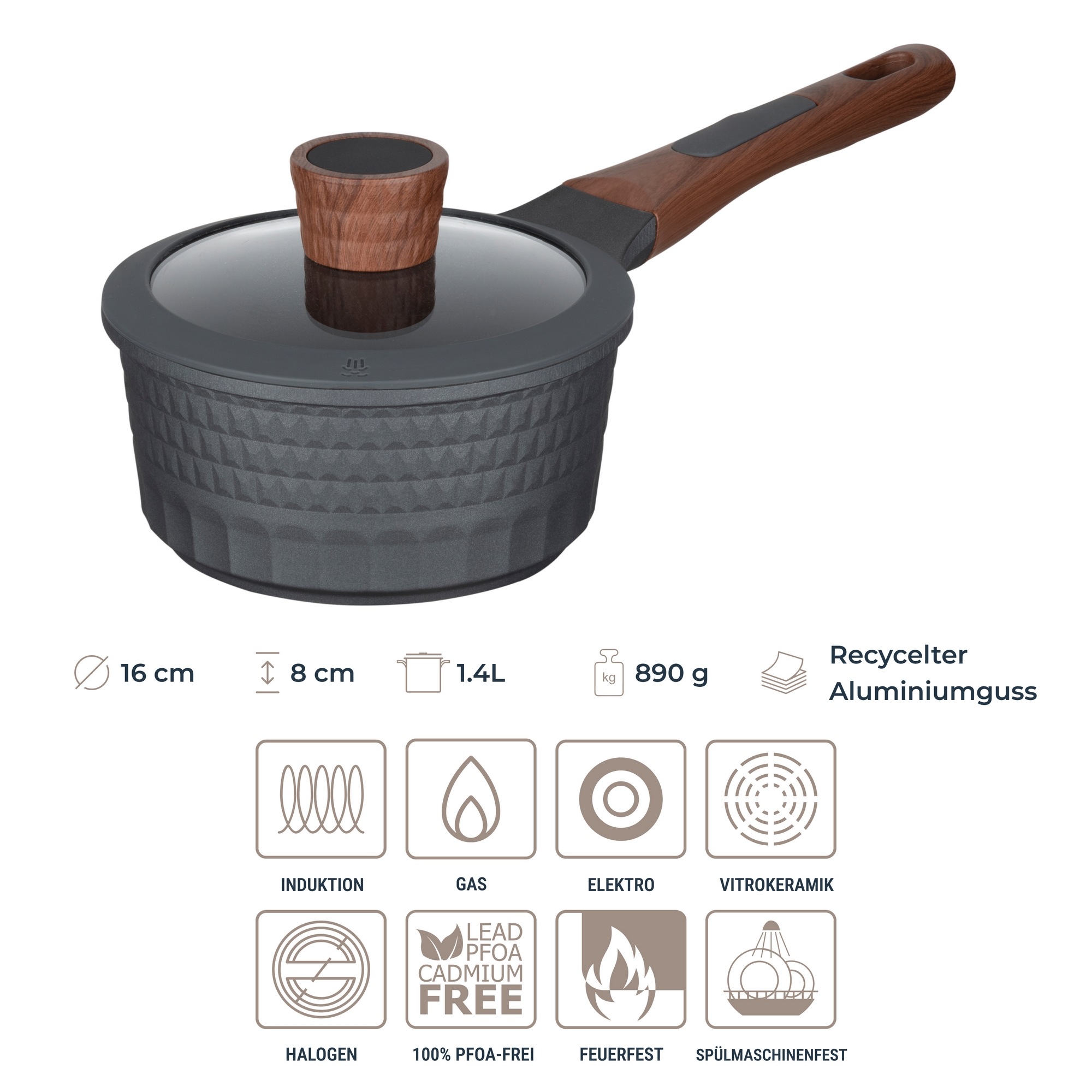 RESTO Kitchenware Topf-Set »Capella mit Deckel, antihaftbeschichtet und spülmaschinenfest«, Aluminiumguss, (Set, 6 tlg., 1x Stielkasserolle Ø 16 cm, je 1x Bratentopf Ø 24 cm + Ø 28 cm), Für alle Herdarten geeignet, auch Induktion, im Geschenkkarton