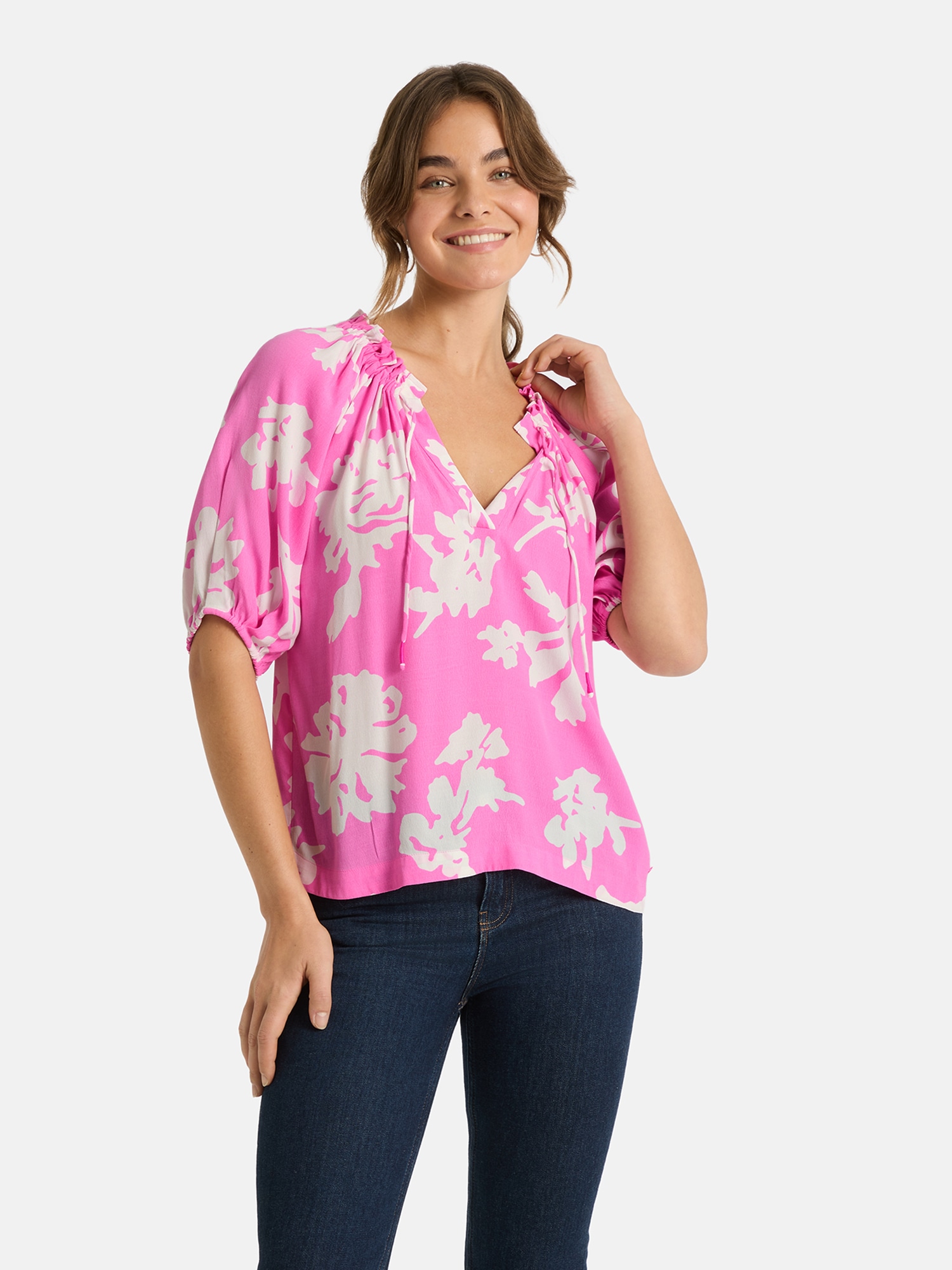 Lieblingsstück Druckbluse "RiaL" mit gerafftem Ausschnitt, Bindeband günstig online kaufen