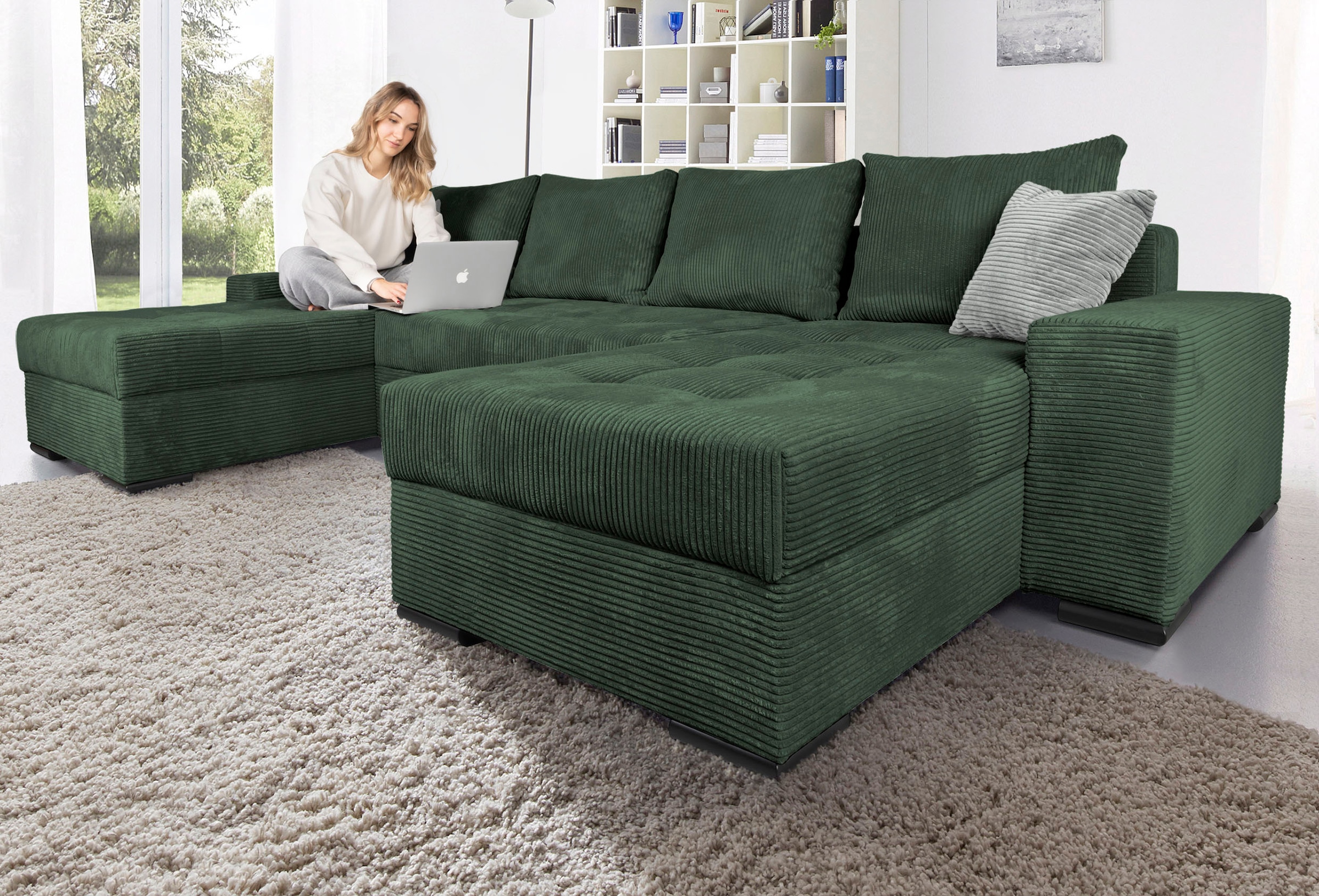 COLLECTION AB Wohnlandschaft "Josy XL U-Form, B: 313 cm in Cord, Cord-Mix" Schlaffunktion, Bettkasten & 2 Zierkissen, Federkern