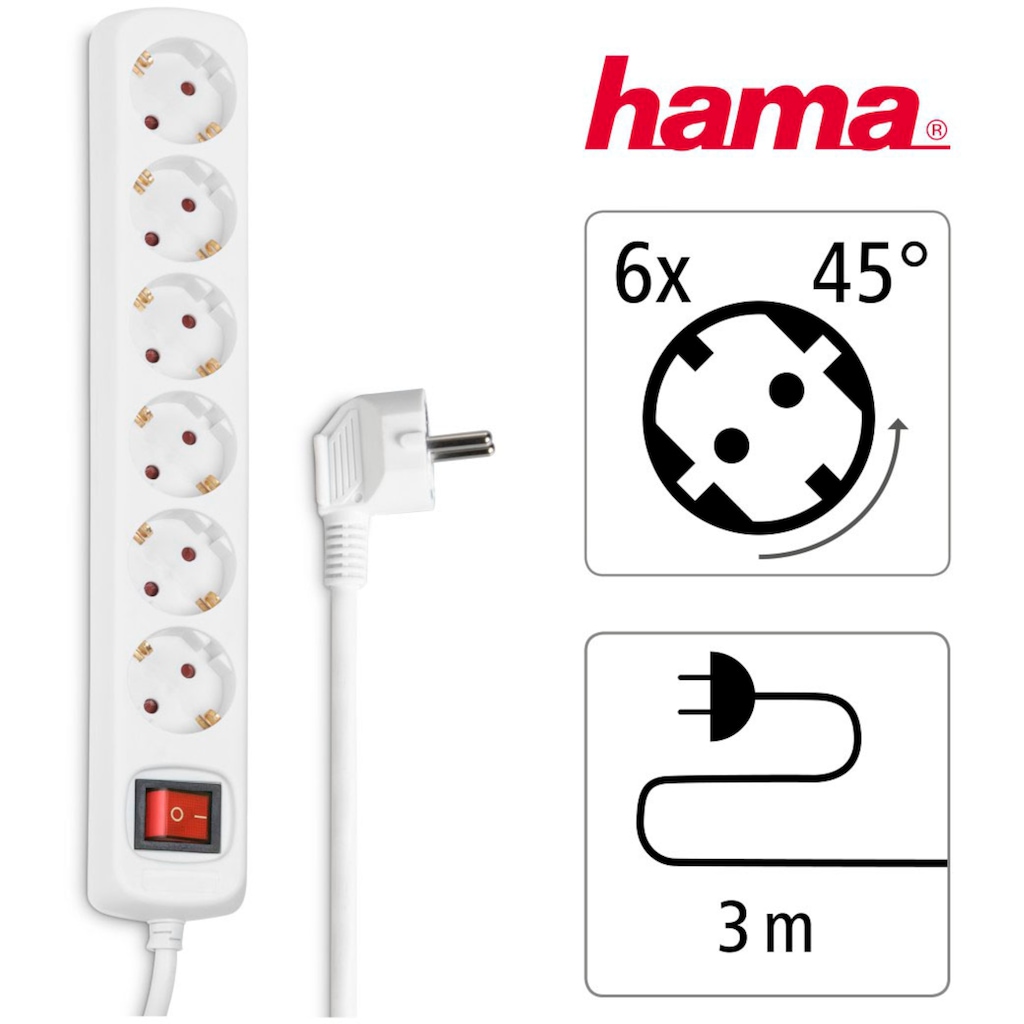 Hama Steckdosenleiste »Mehrfachsteckdose, 6-fach, Steckerleiste mit Schalter, 3 m Kabel«, 6-fach, (Kabellänge 3 m)