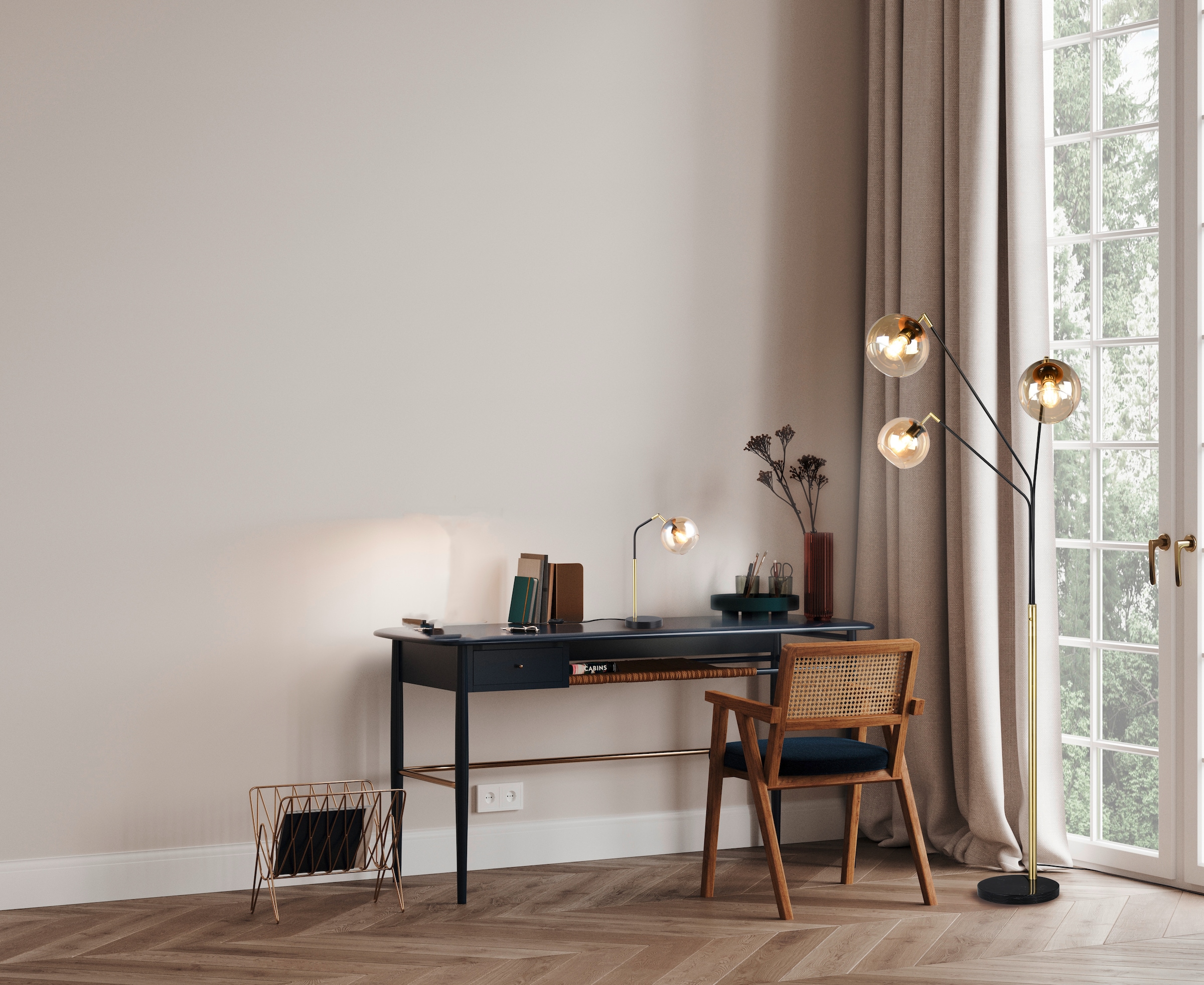 TRIO Leuchten Schreibtischlampe »PAXTON, exkl. 1x E14 max 10W, Leseleuchte Nachttischlampe«, 1 flammig, Leuchtmittel E14 | Leuchtmittel wechselbar, mit Glas Lampenschirm, Schnurschalter, Höhe 45 cm, Tiefe 28 cm