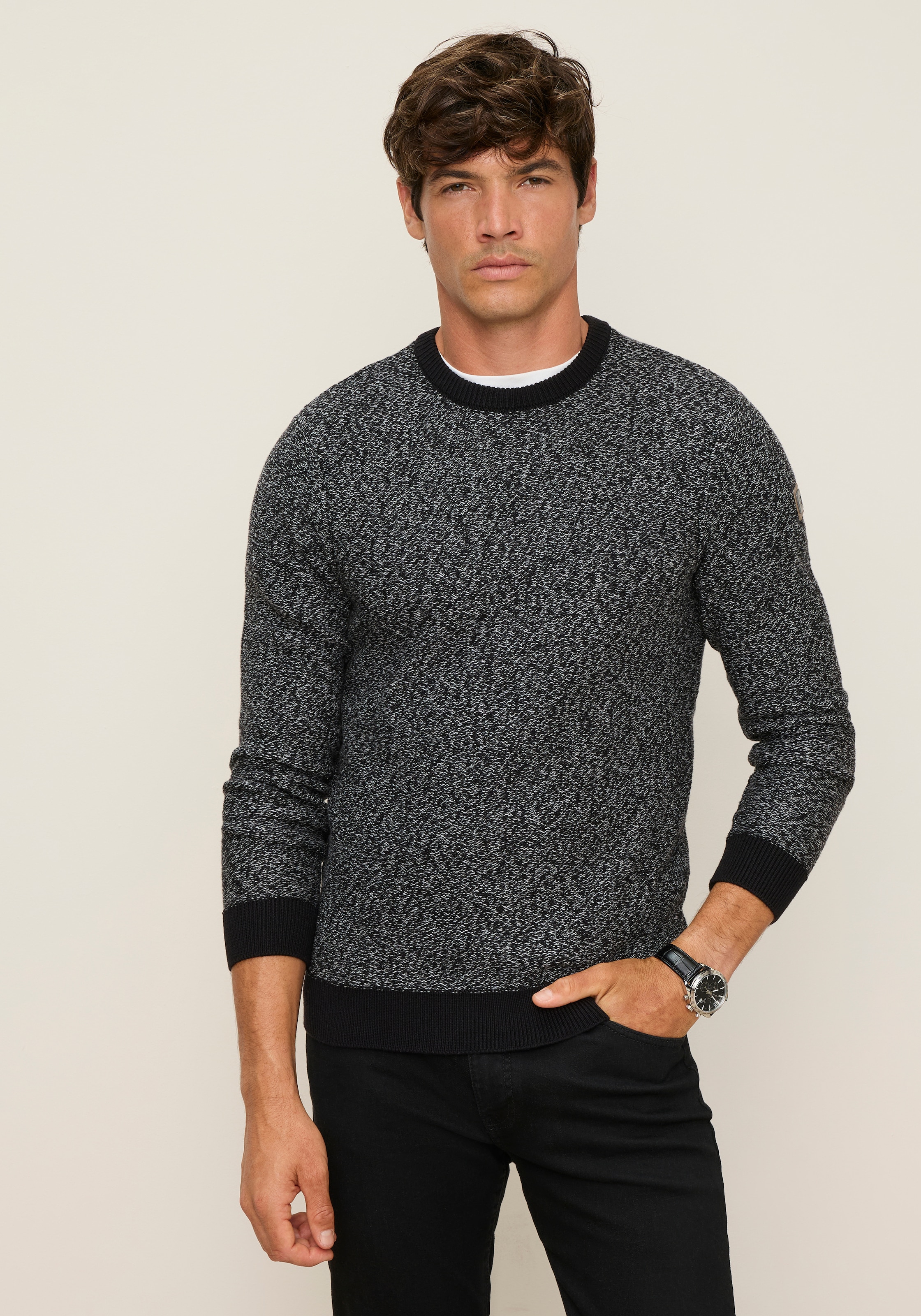 Mans World Rundhalspullover "Neue Kollektion Highlight Strukturqualität" mit Rippbündchen am Ausschnitt, Strickmaterial, melierte Optik