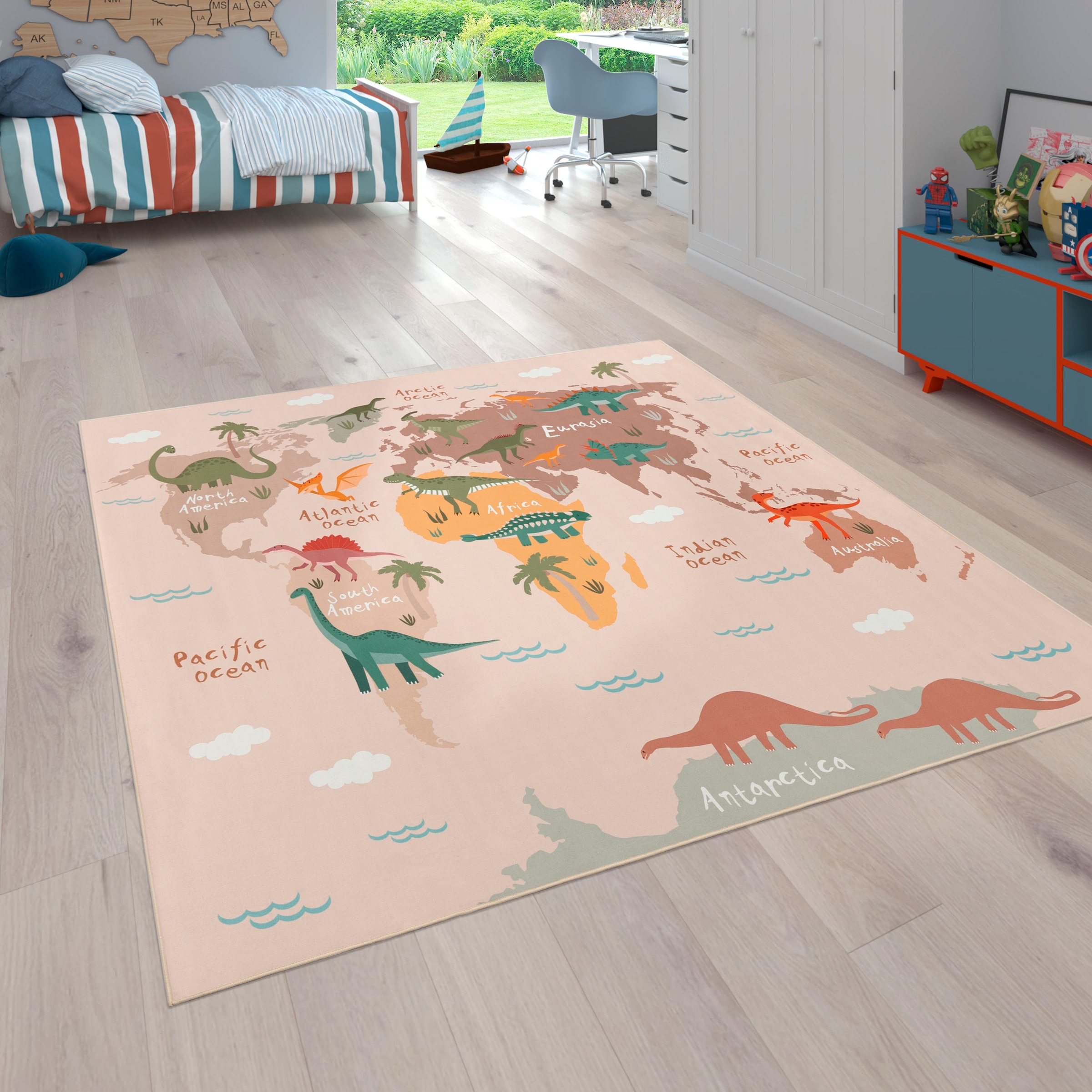 Paco Home Kinderteppich "Bino 583", rechteckig, Spielteppich, Motiv Weltkarte & Dinosaurier, Kinderzimmer