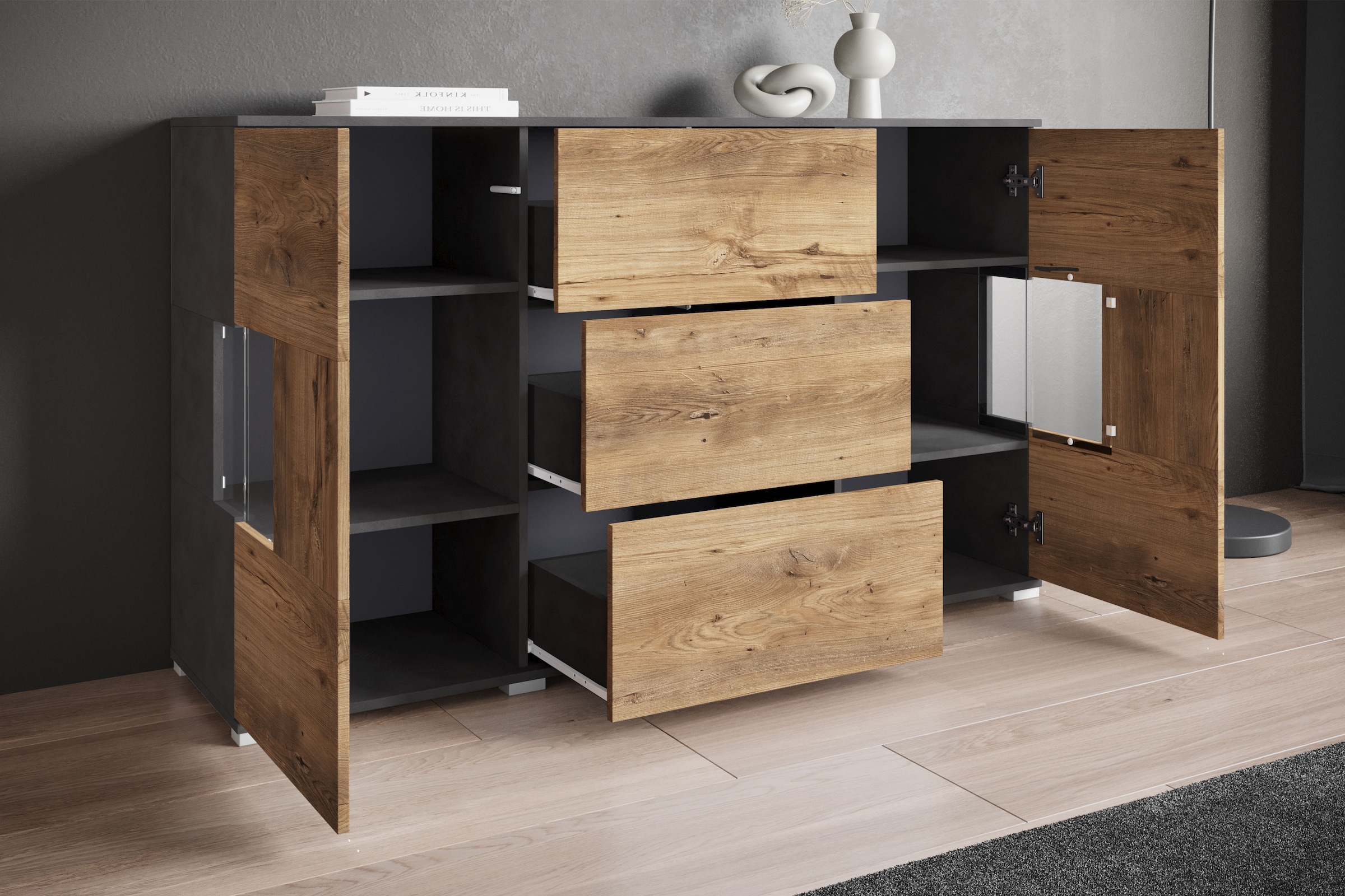 INOSIGN Sideboard »Kenia«, (1 St.), Sideboard mit 3 Schubladen, 6 Fächern, Glastüren, Breite 150 cm