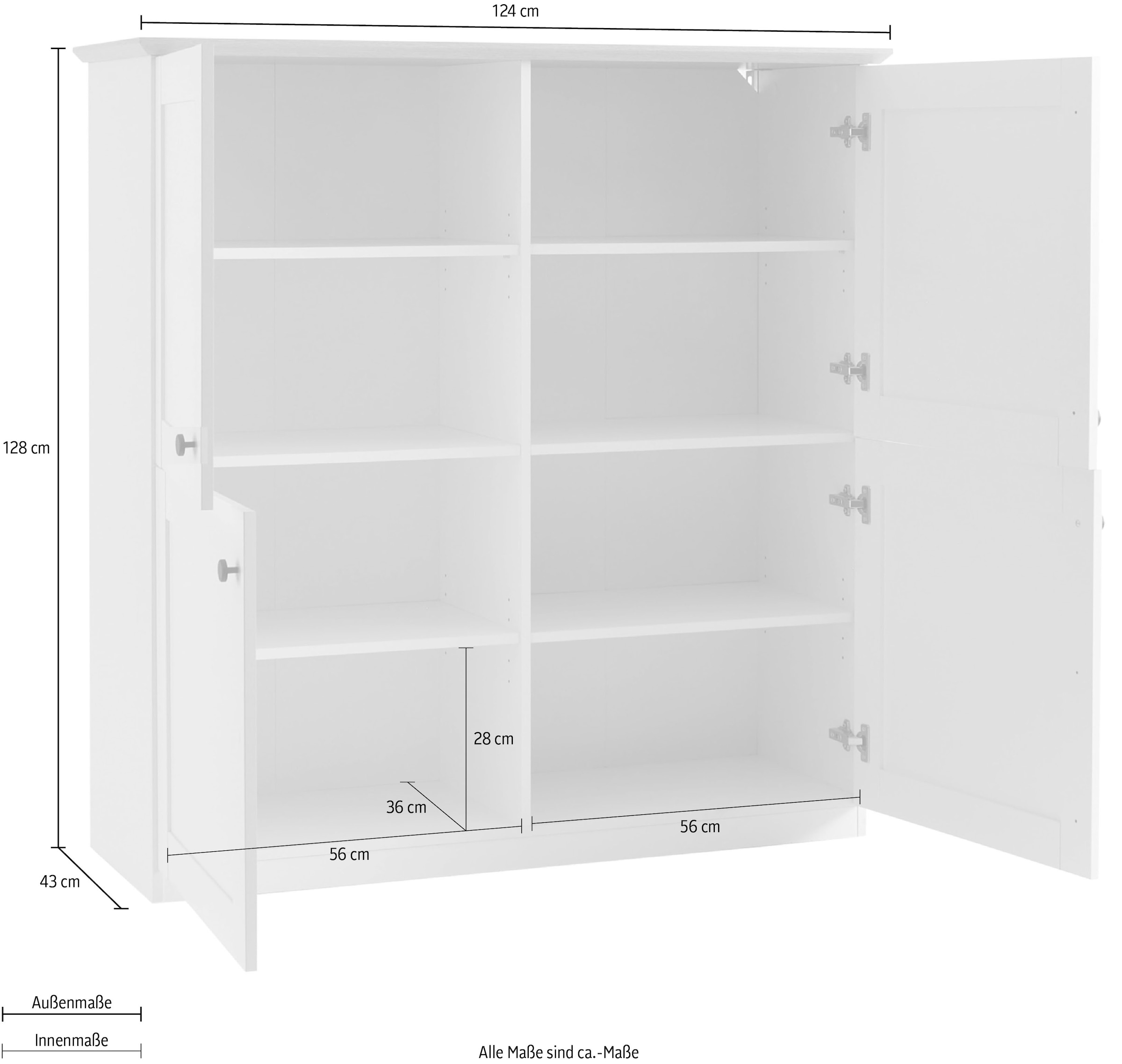 OTTO home Highboard »Brest, Schrank im Landhausstil, Wohnzimmerschrank, Mehrzweckschrank« schwarze Metallgriffe, ausreichend Stauraum, 128 cm hoch