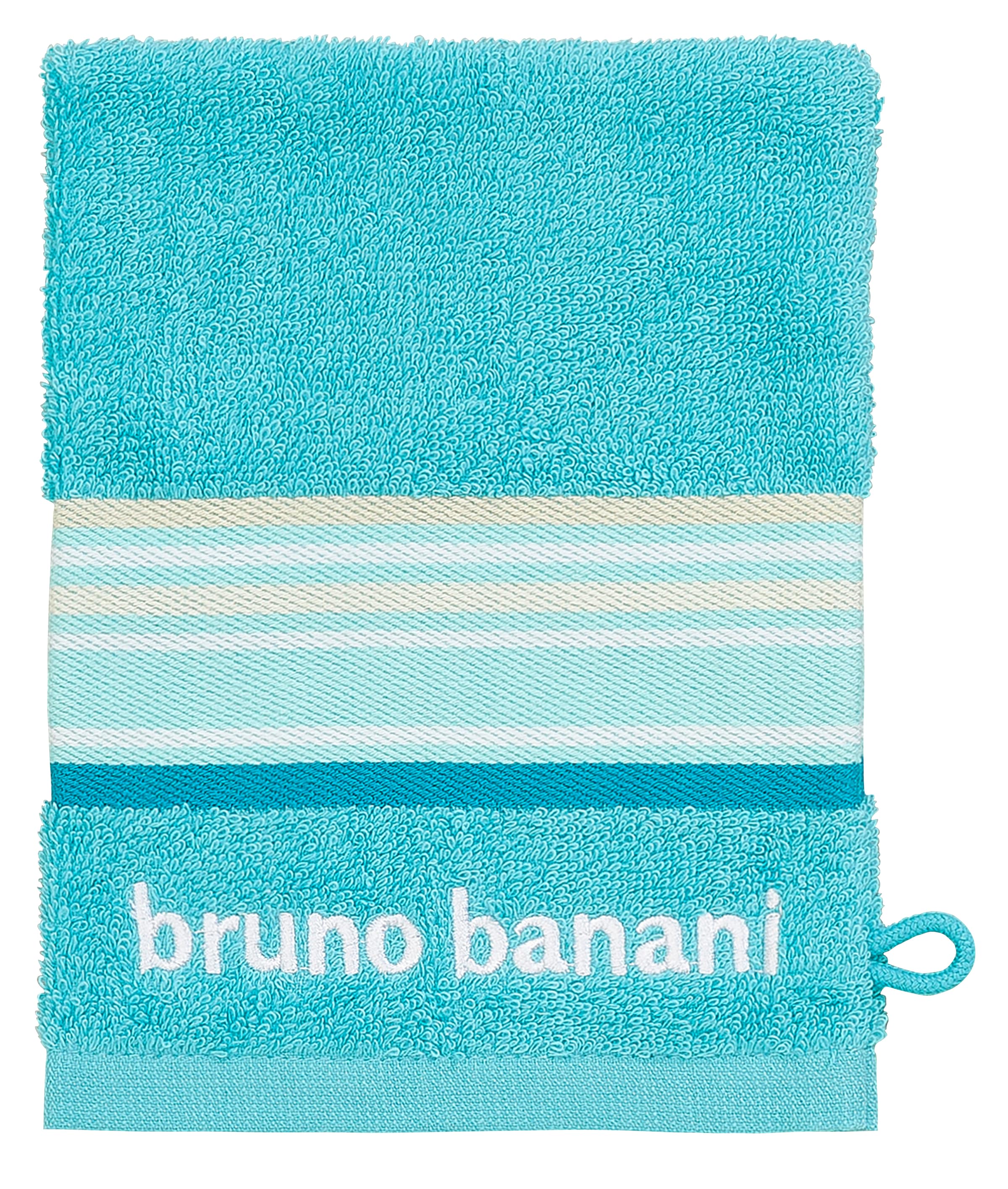 Bruno Banani Handtuch Set »Maja«, (Set, 7 St., 1 Duschtuch 70 x 140 cm-2 Handtücher 50 x 100 cm-2 Gästetücher 30 x 50 cm-2 Waschhandschuhe 16 x 21 cm), mit Bordüre und Markenlogo, 7 teiliges Handtücher Set, 100% Baumwolle