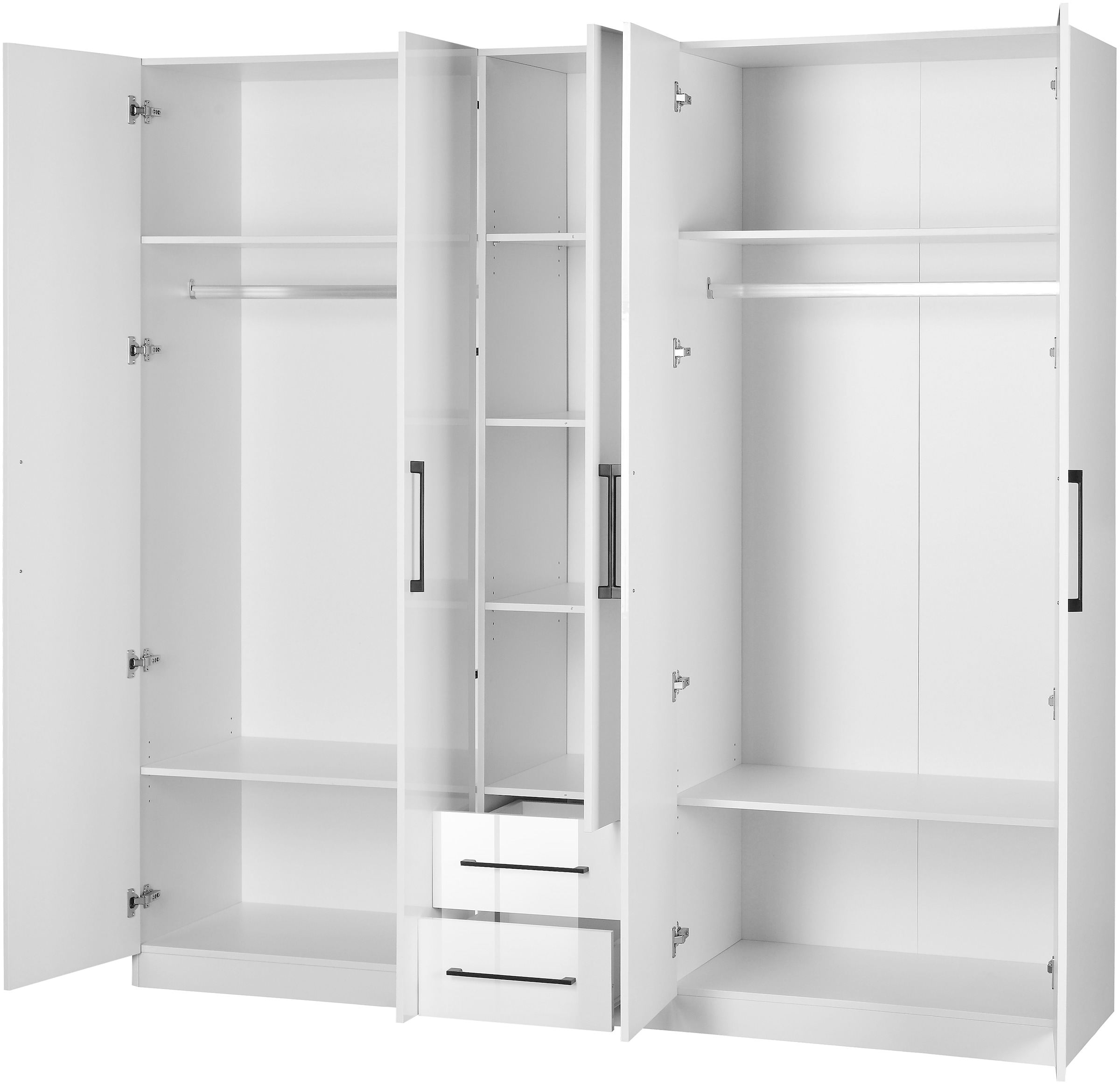 INOSIGN Kleiderschrank »Sylt Schlafzimmerschrank Garderobe Schrank TOPSELLER in hochglanz weiß«, (5 Türen, 2 Schubladen, schwarze moderne Griffe, 7 Einlegeböden), Drehtürenschrank mit perfekter Innenausstattung, Breite 200cm