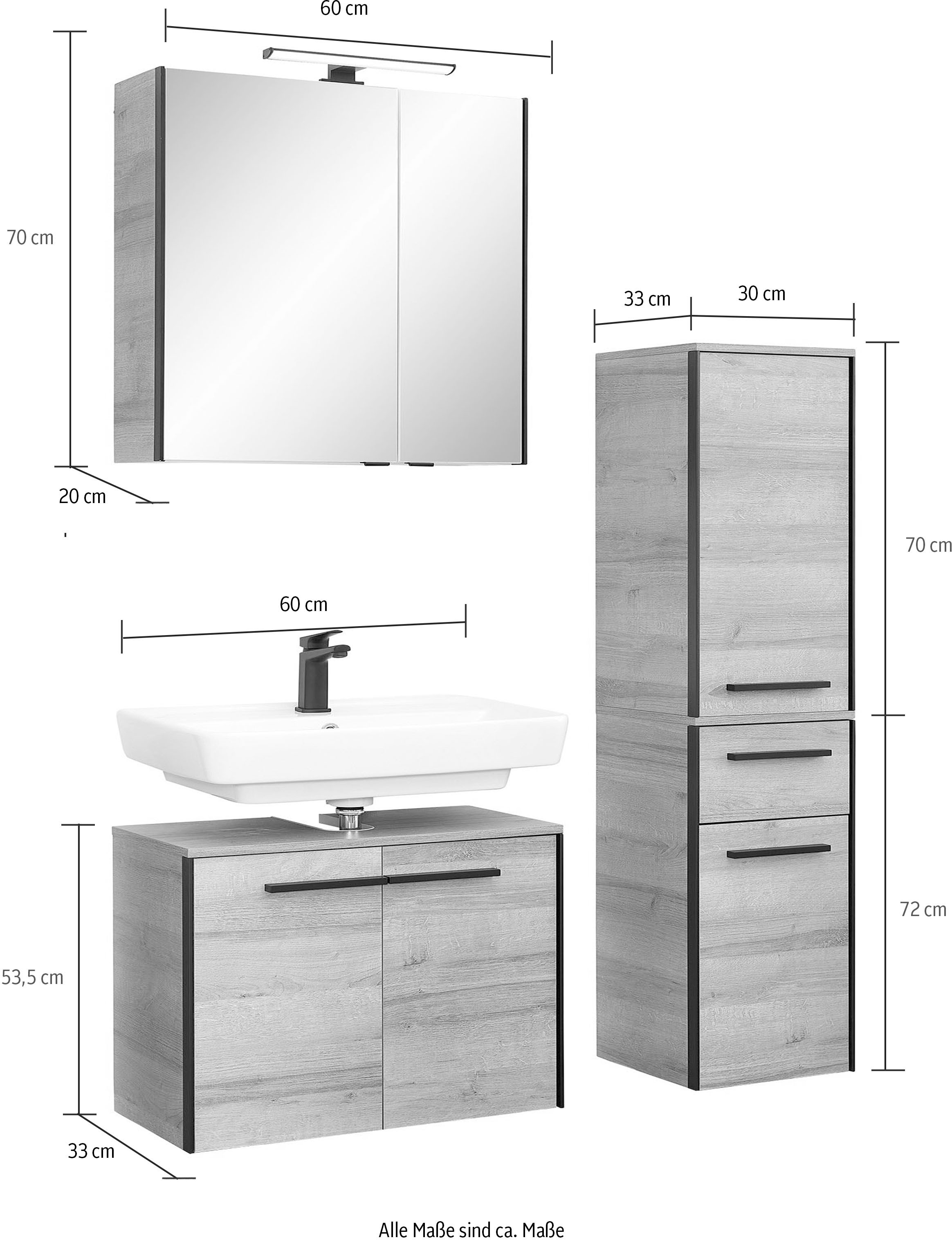 Saphir Badmöbel-Set »Quickset 395 3-teilig, Waschbeckenunterschrank mit LED-Spiegelschrank«, (4 St.), Midischrank, inkl. Türdämpfer, 6 Türen, 1 Schublade, Bad-Set