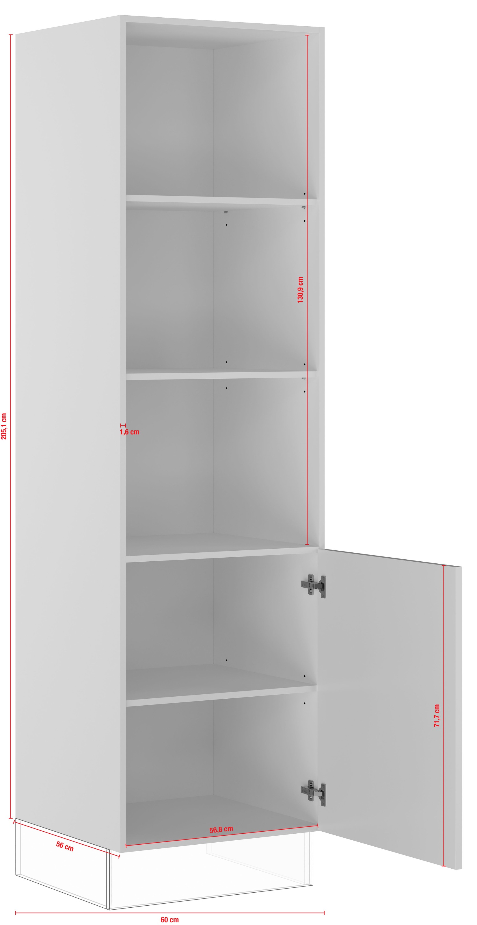 IMPULS KÜCHEN Seitenschrank »"Valencia", Breite/Höhe: 60/205,1 cm«, vormontiert, mit Drehtür, mit verstellbaren Fachböden