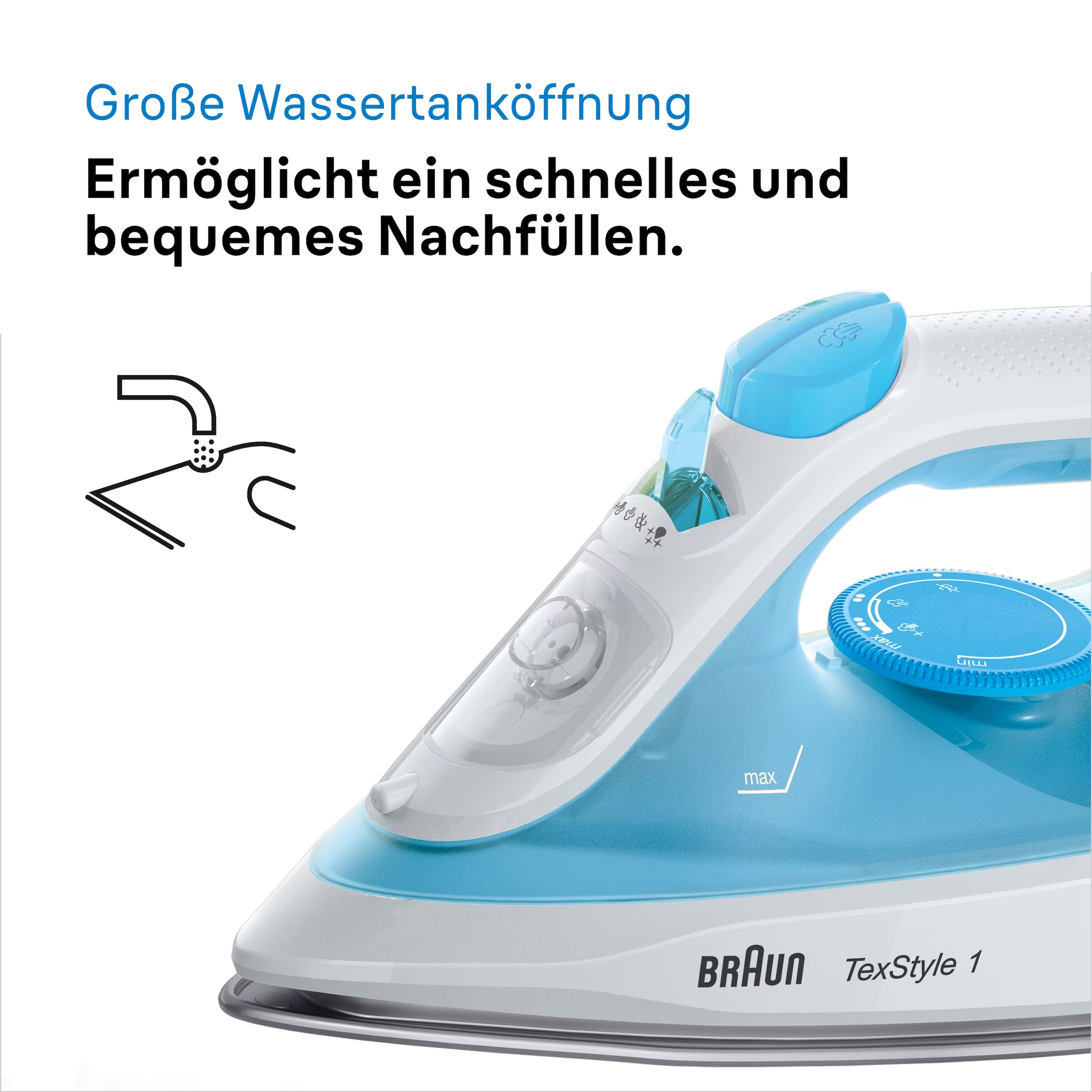 Braun Dampfbügeleisen »TexStyle 1 SI 1050 BL - 2.000 W, 120 g Dampfstoß, 220 ml Wassertank« 2000 W 25 g Dampfmenge, SuperCeramic Bügelsohle, 35 Sek. Aufheizzeit