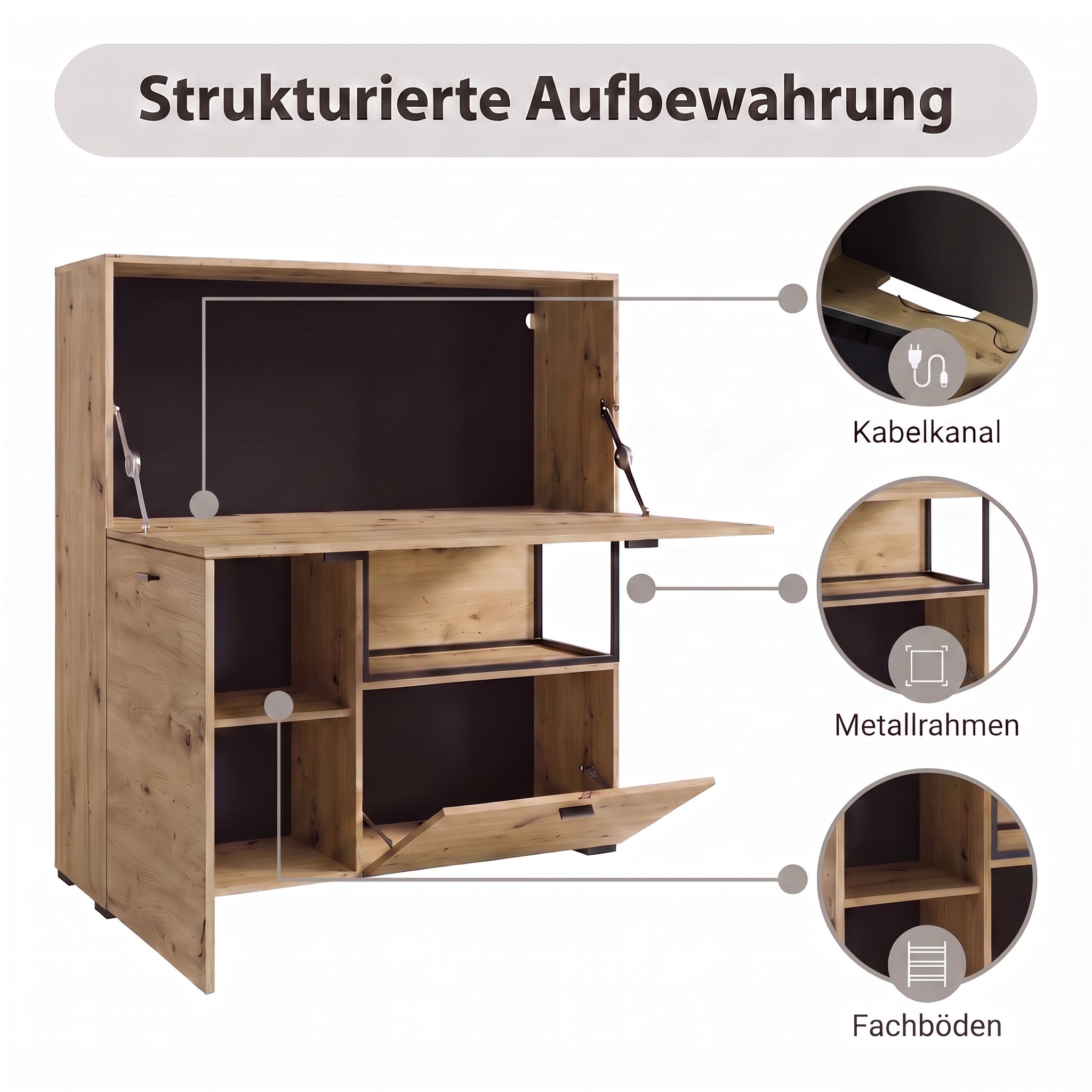byLIVING Sekretär »FRAME« Artisan Eiche (Eiche-Optik)/schwarz, 1 Türen, 2 Klapptür, B 120 cm